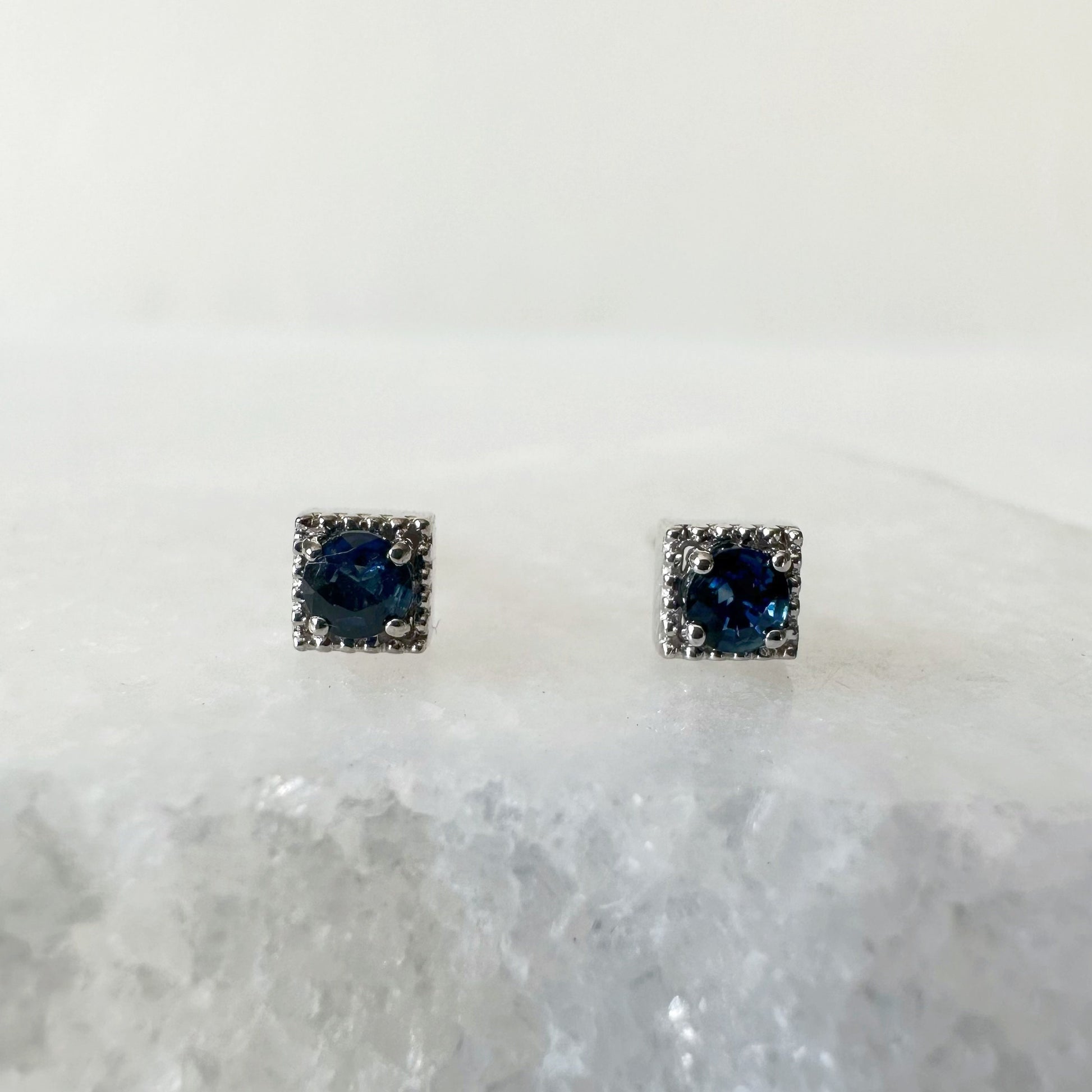 14K Solid Gold Genuine 4mm Sapphire Fancy Square Studs/Pair