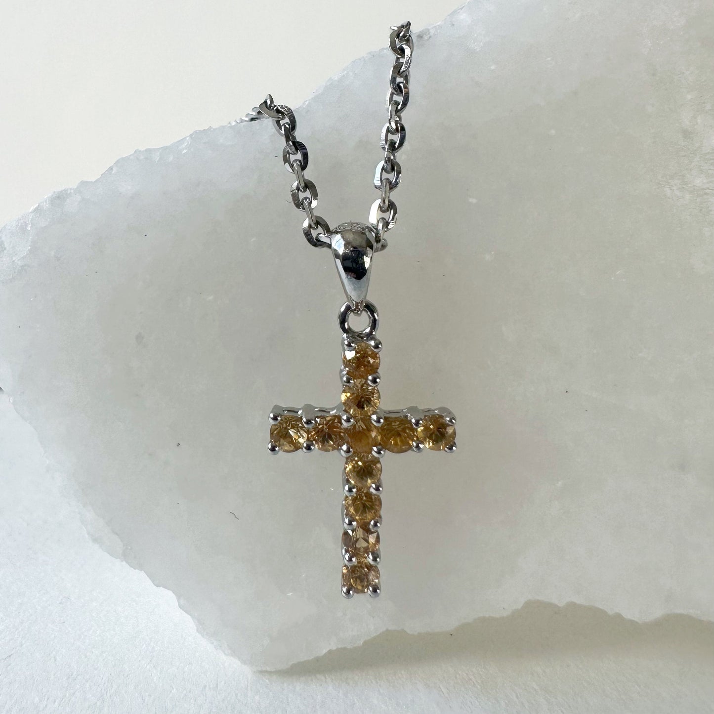 14K Solid Gold Genuine Orange Sapphire Cross Pendant