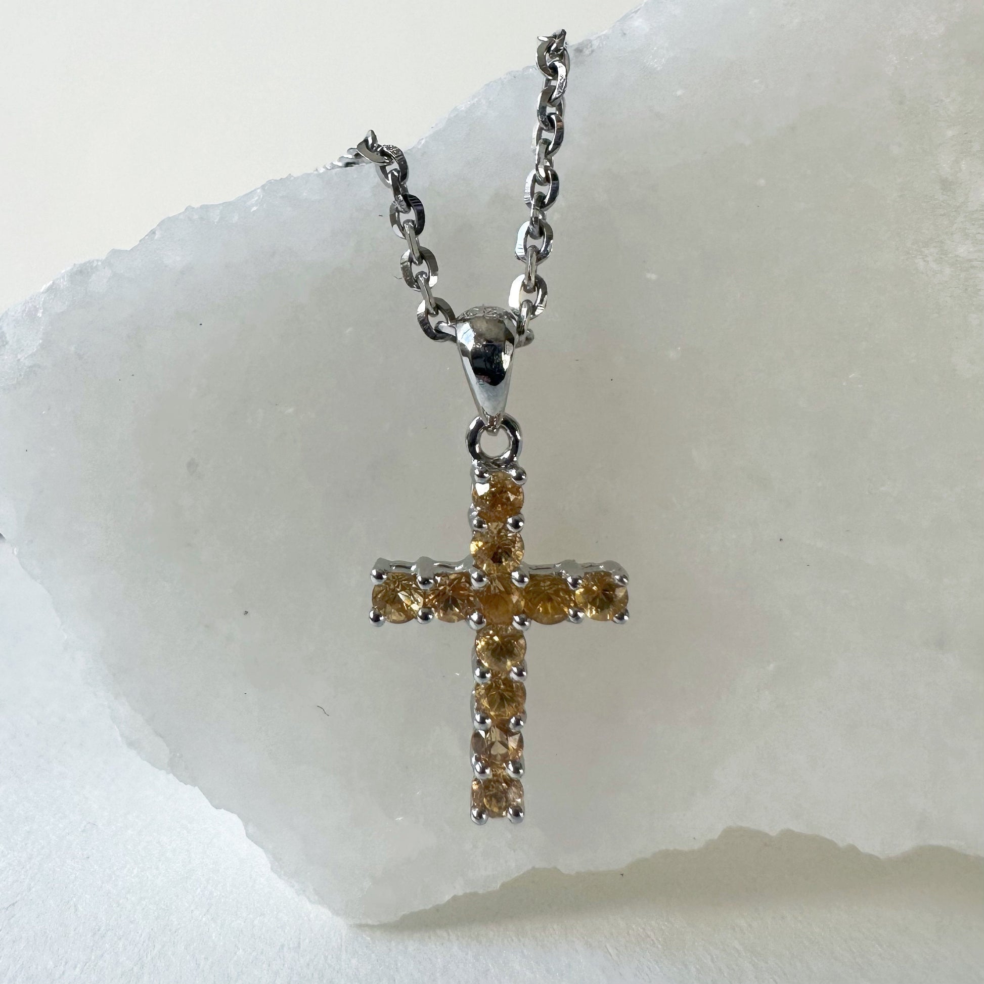 14K Solid Gold Genuine Orange Sapphire Cross Pendant