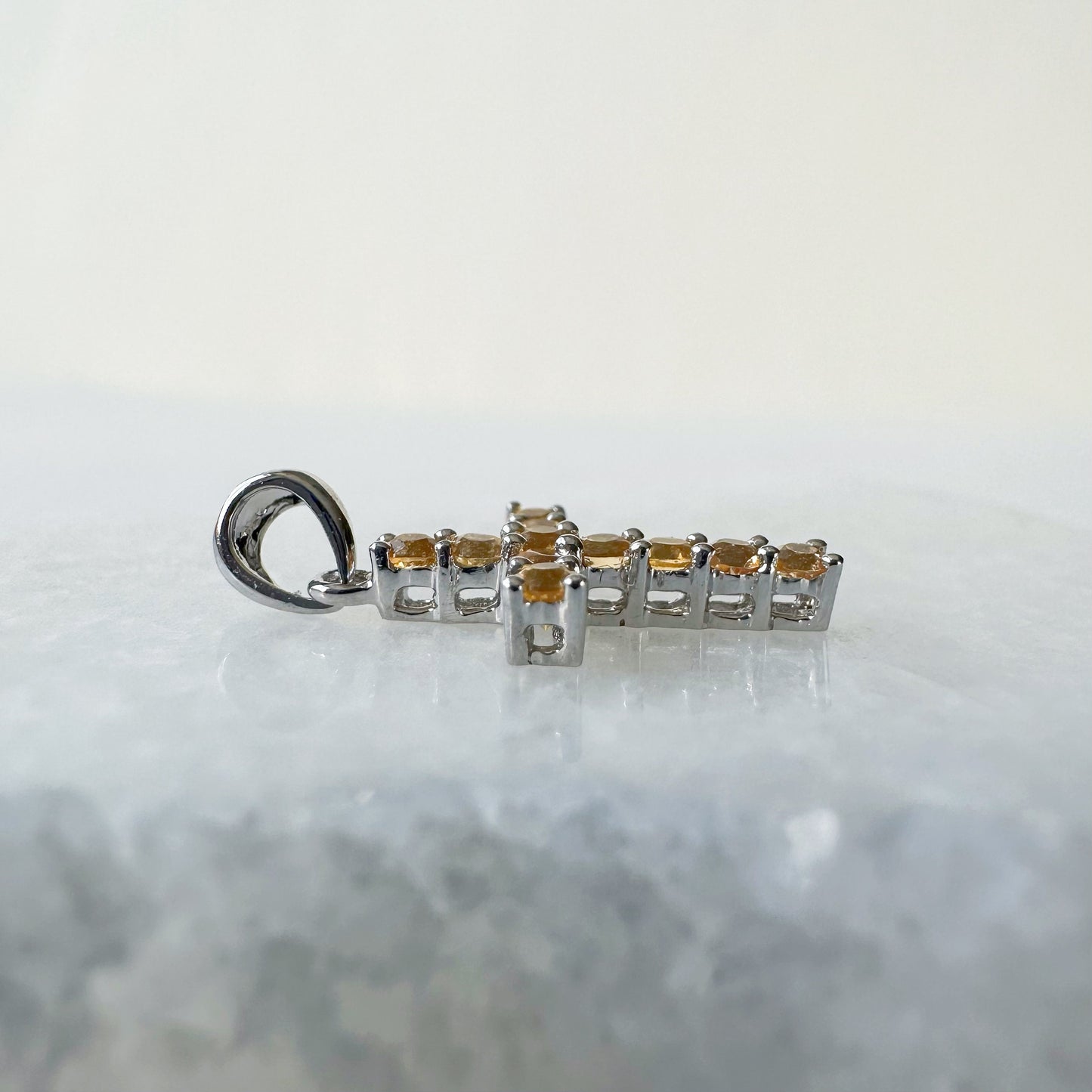 14K Solid Gold Genuine Orange Sapphire Cross Pendant