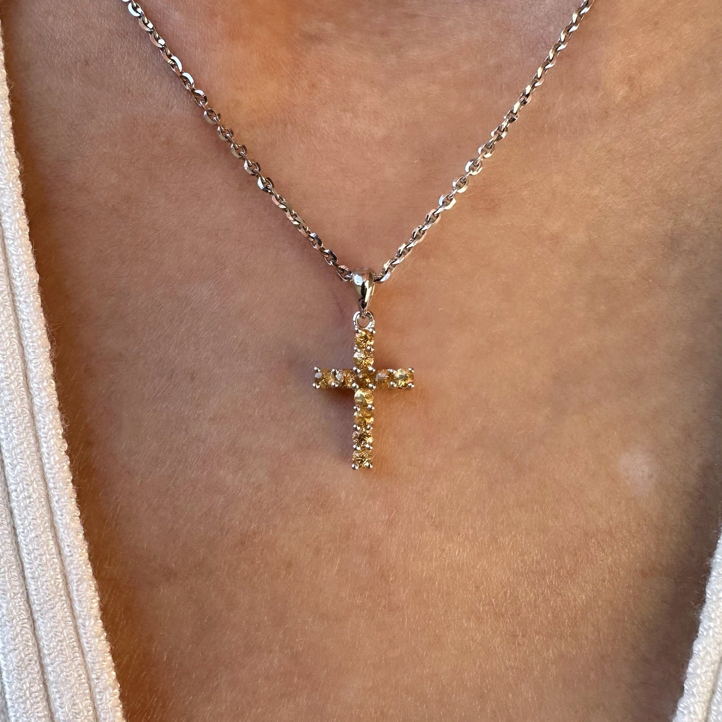 14K Solid Gold Genuine Orange Sapphire Cross Pendant