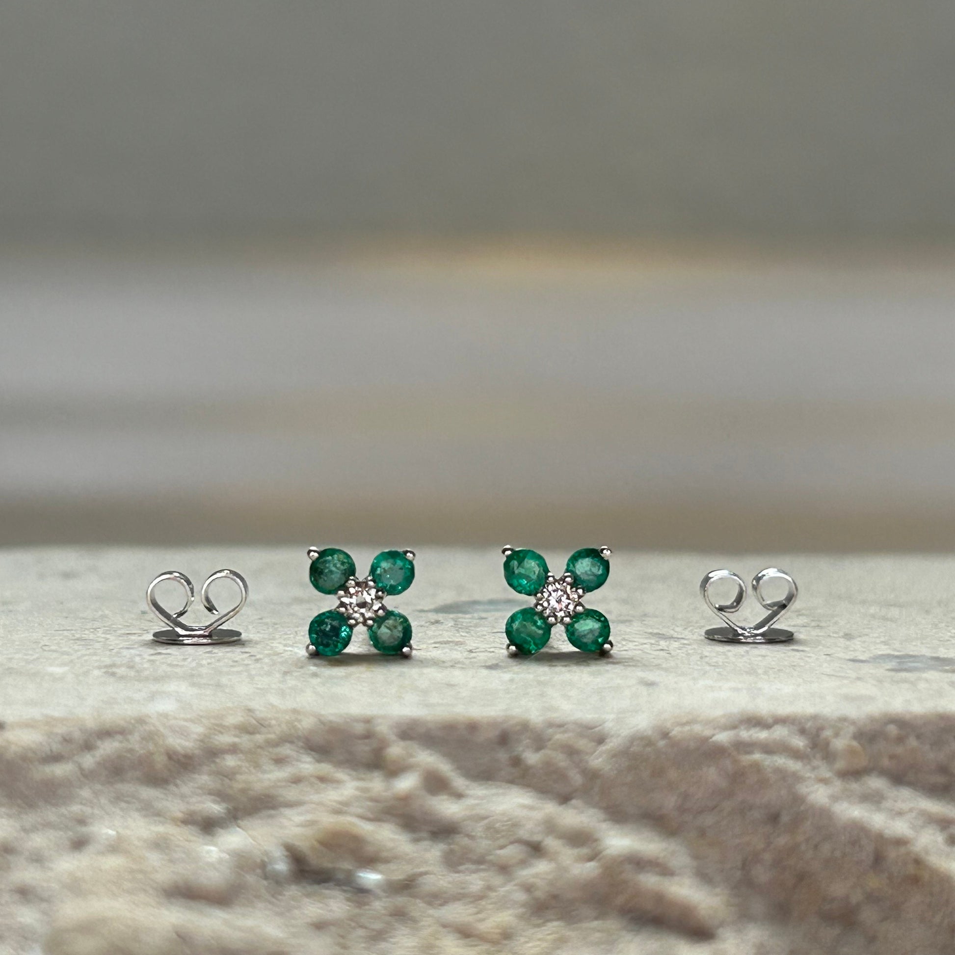 14K Solid Gold Emerald Flower Studs