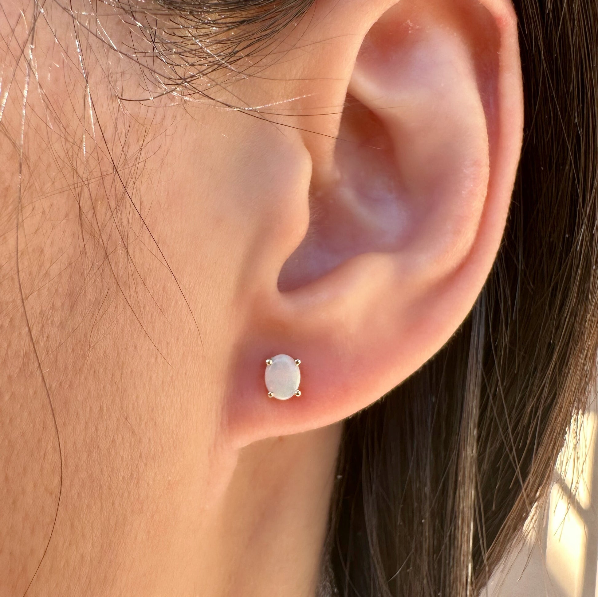 14K Solid Gold Genuine Opal Oval Studs/Pair