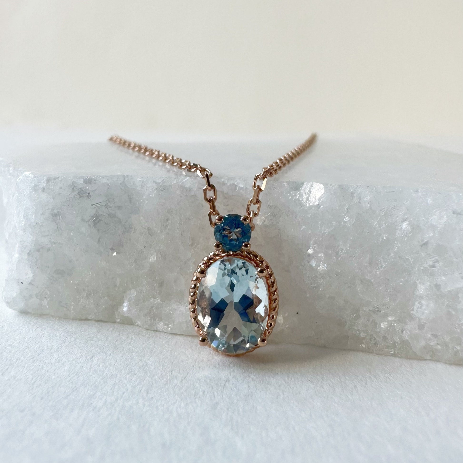 18K Solid Rose Gold Aquamarine and Blue Topaz Necklace