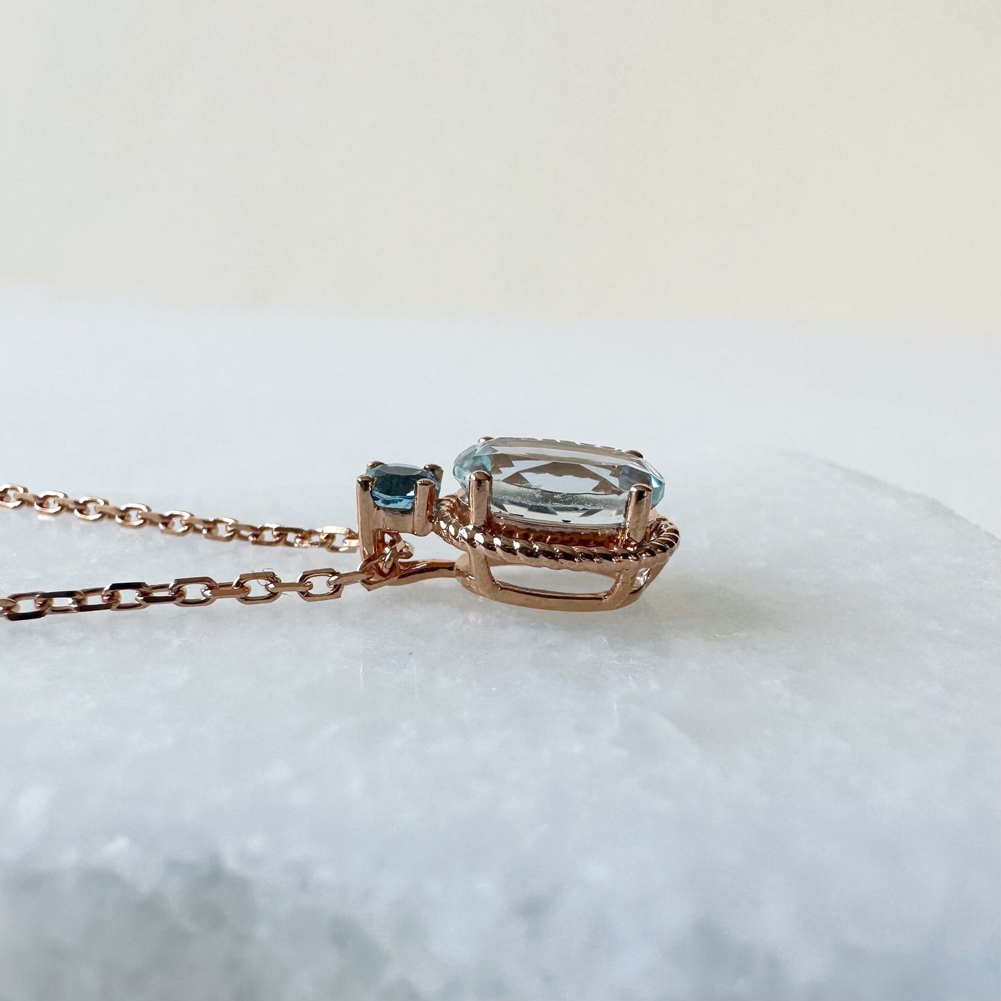 18K Solid Rose Gold Aquamarine and Blue Topaz Necklace