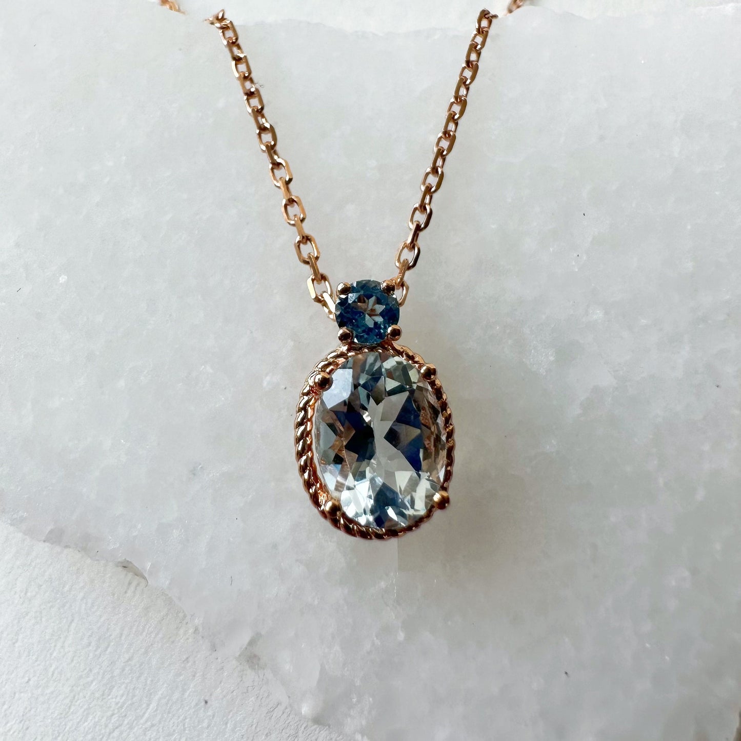 18K Solid Rose Gold Aquamarine and Blue Topaz Necklace