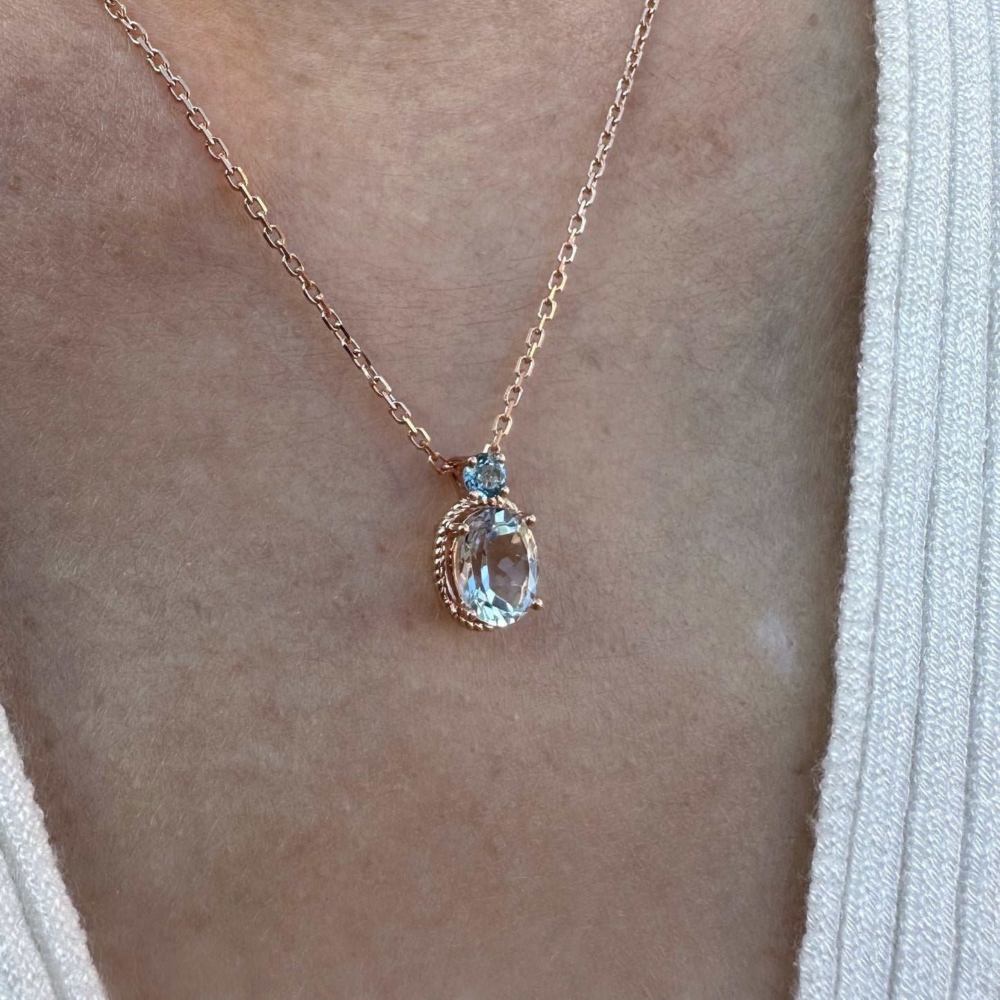 18K Solid Rose Gold Aquamarine and Blue Topaz Necklace