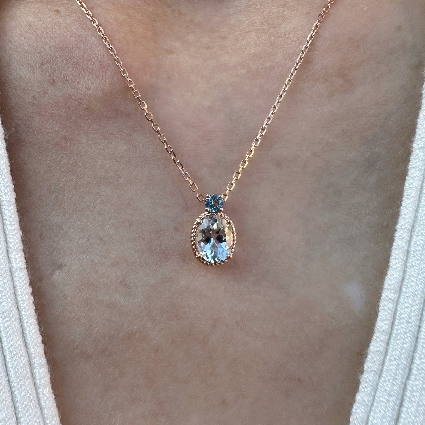 18K Solid Rose Gold Aquamarine and Blue Topaz Necklace