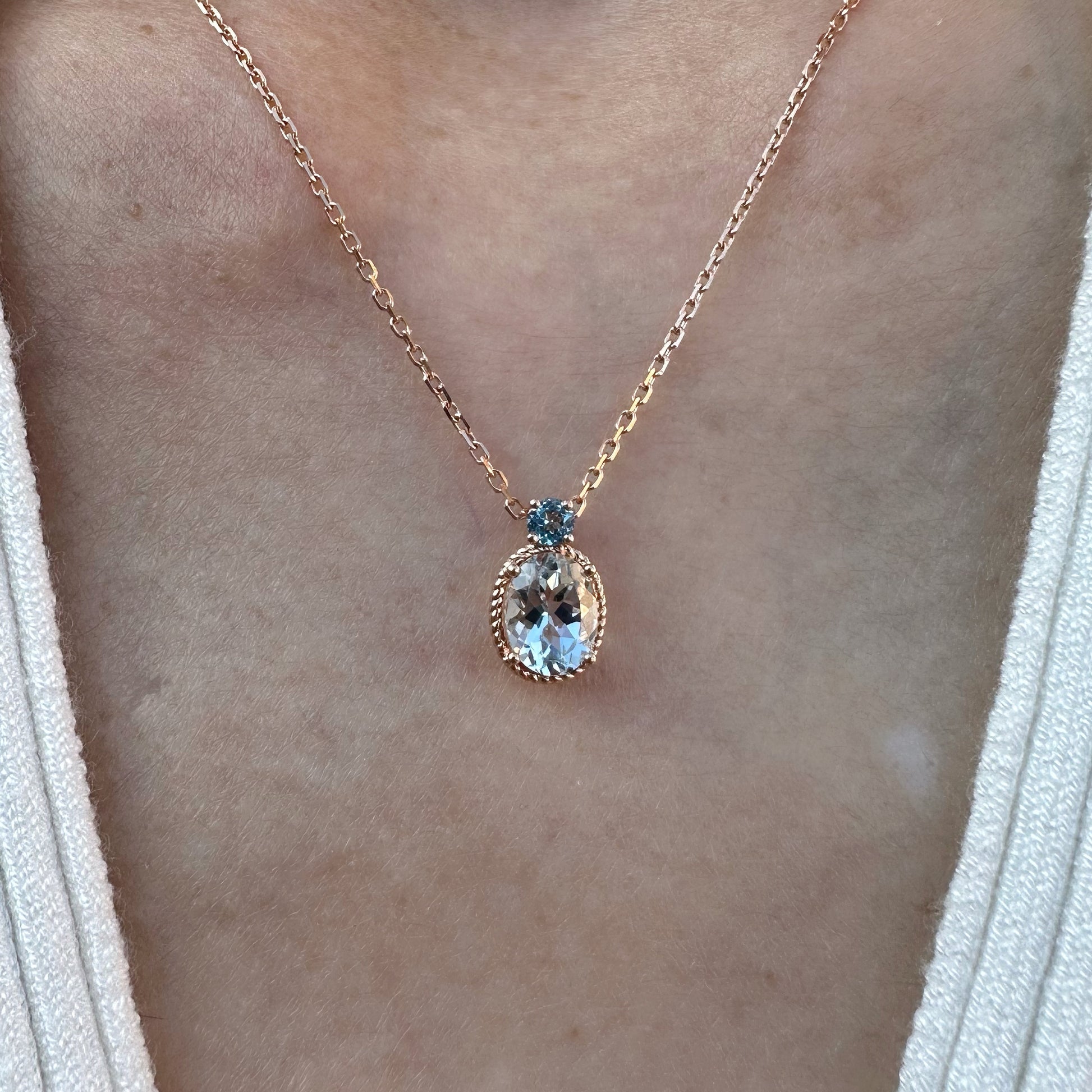 18K Solid Rose Gold Aquamarine and Blue Topaz Necklace
