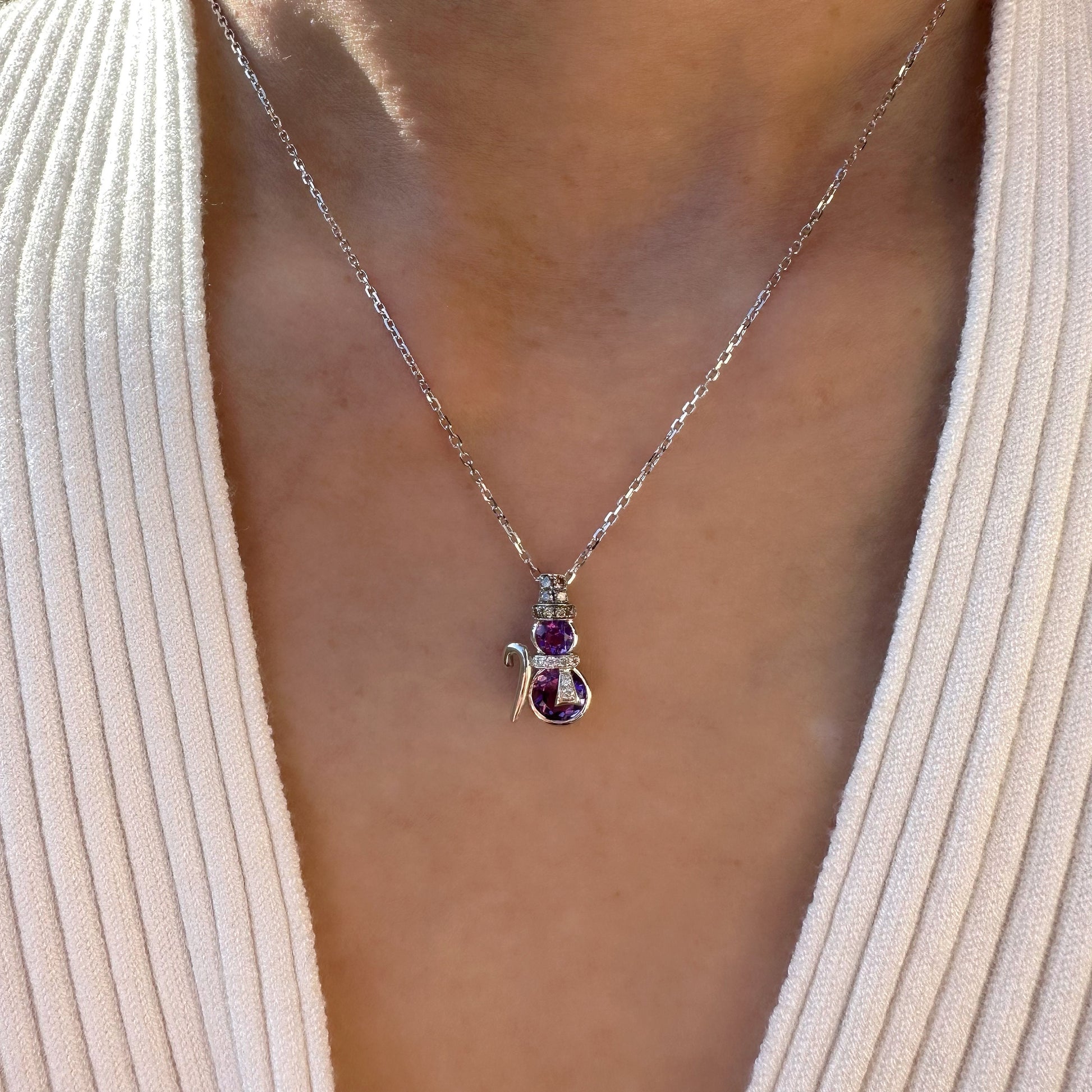 14K Solid Gold Genuine Amethyst and Diamond Snowman Pendant