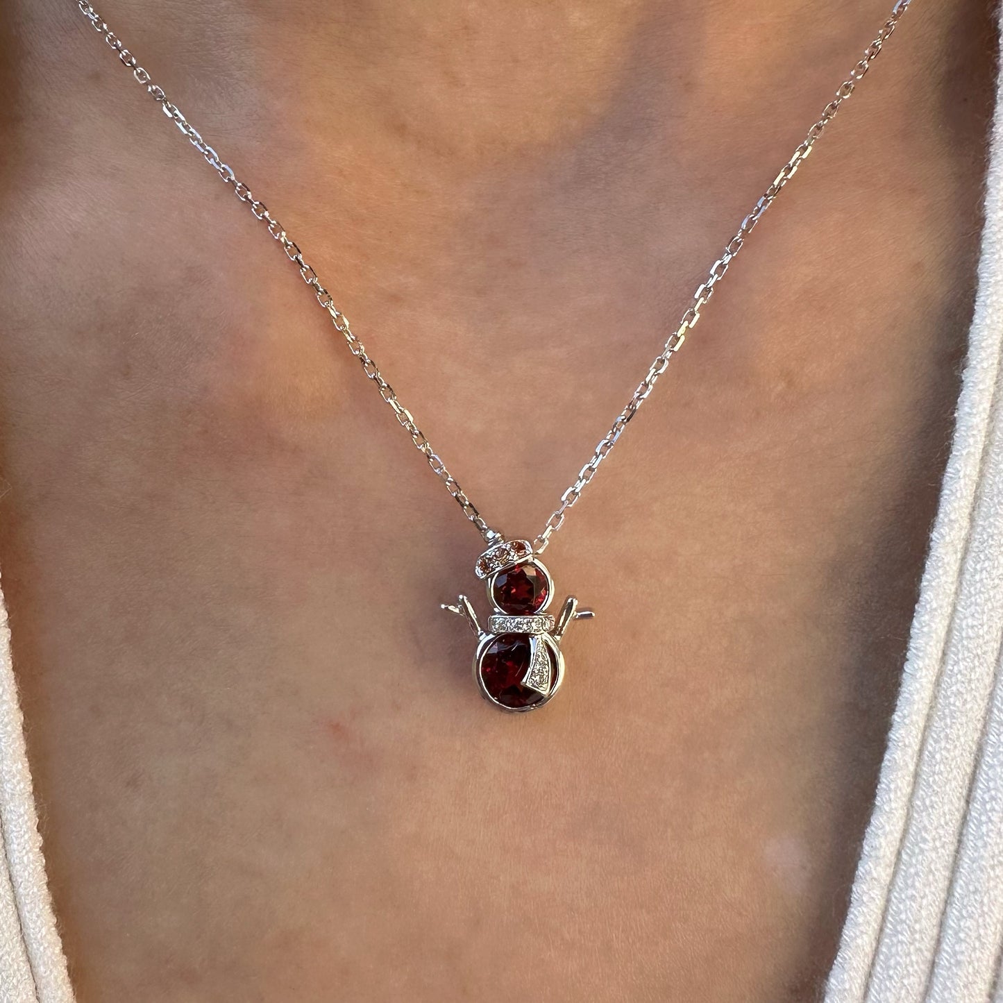 14K Solid Gold Genuine Garnet, Orange Sapphire and Diamond Snowman Pendant