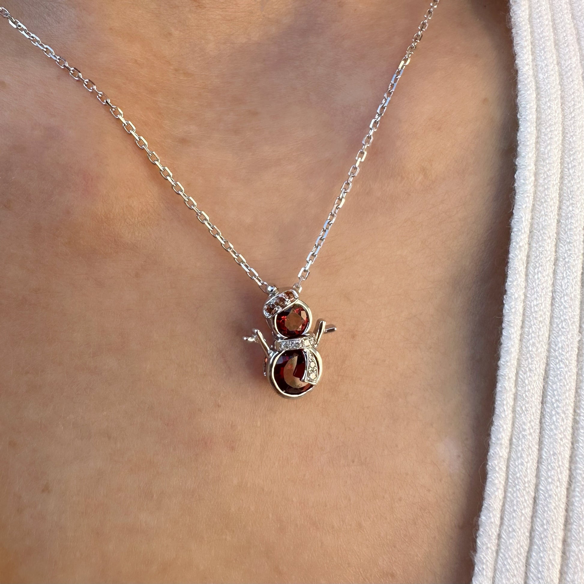 14K Solid Gold Genuine Garnet, Orange Sapphire and Diamond Snowman Pendant