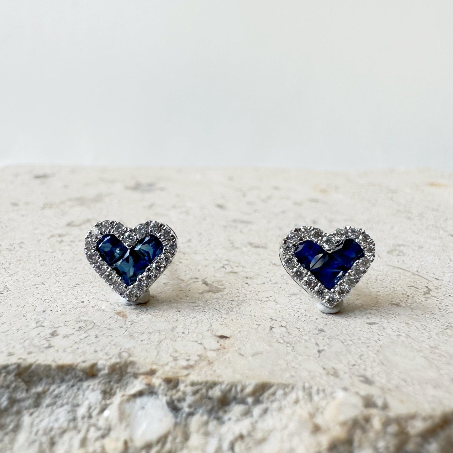 14K Solid Gold Genuine Sapphire and Diamond Heart Studs/Pair