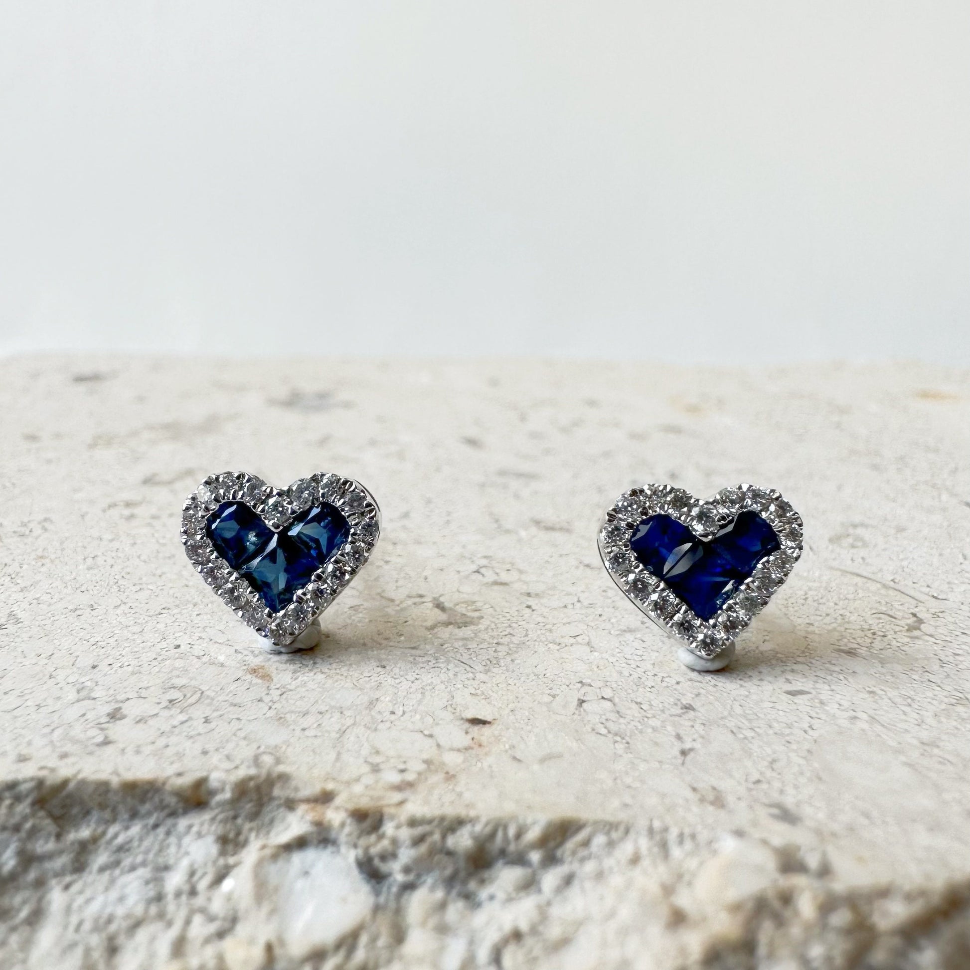 14K Solid Gold Genuine Sapphire and Diamond Heart Studs/Pair