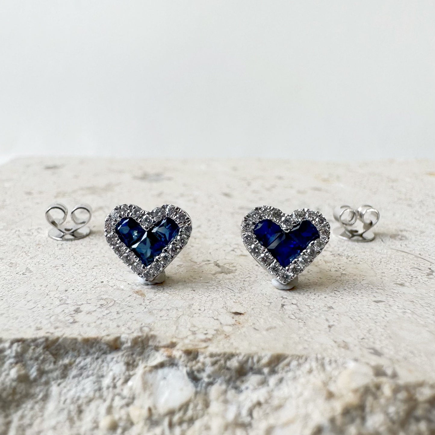 14K Solid Gold Genuine Sapphire and Diamond Heart Studs/Pair