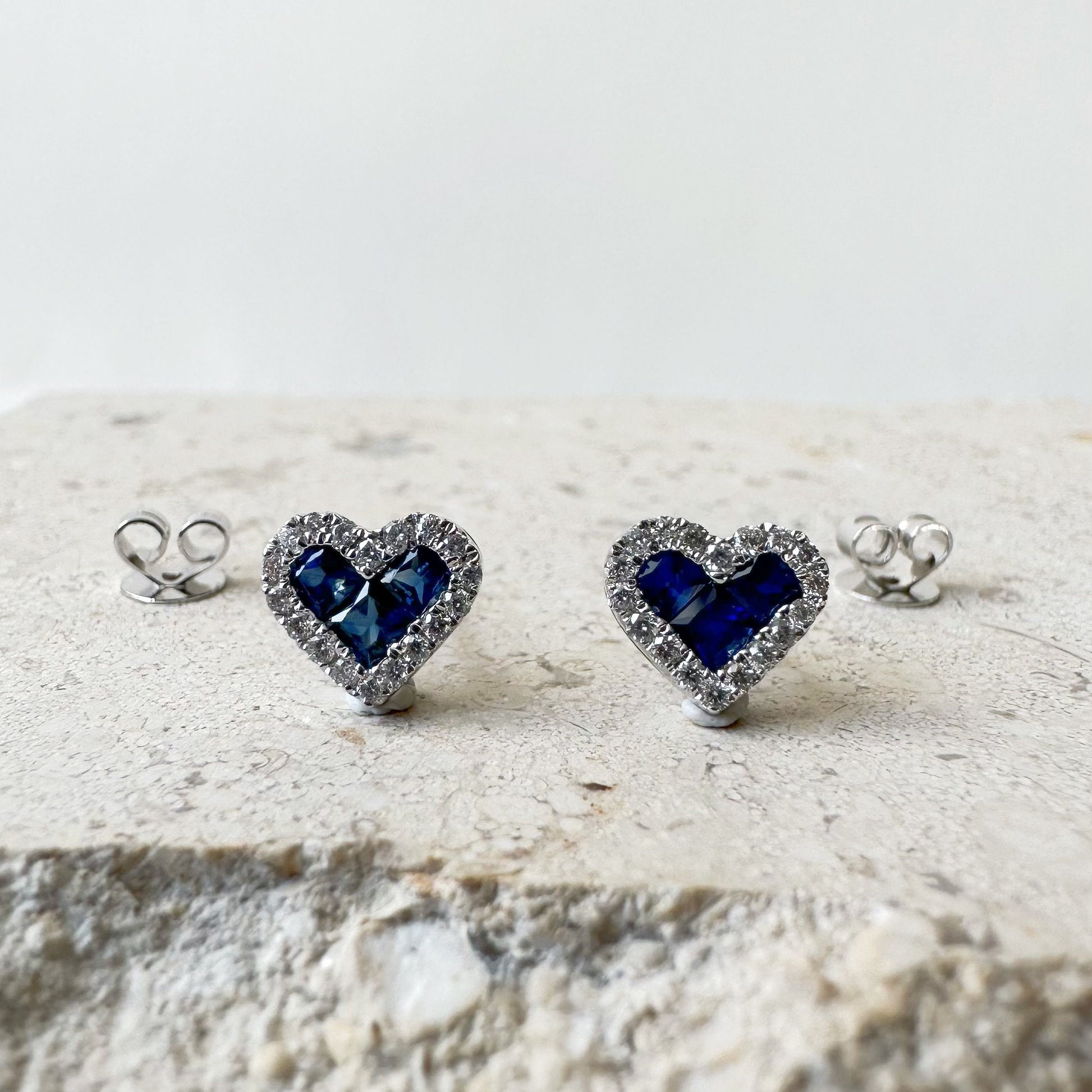 14K Solid Gold Genuine Sapphire and Diamond Heart Studs/Pair
