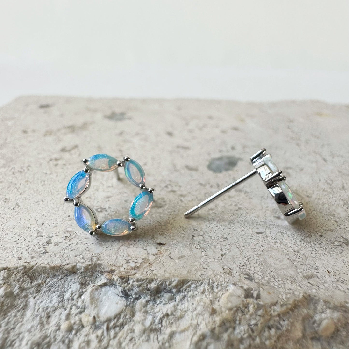 14K Solid Gold Genuine Opal Circle Studs/Pair