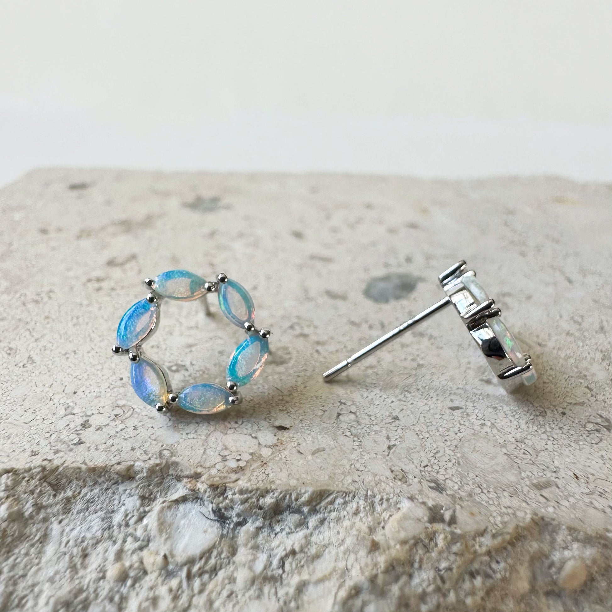 14K Solid Gold Genuine Opal Circle Studs/Pair