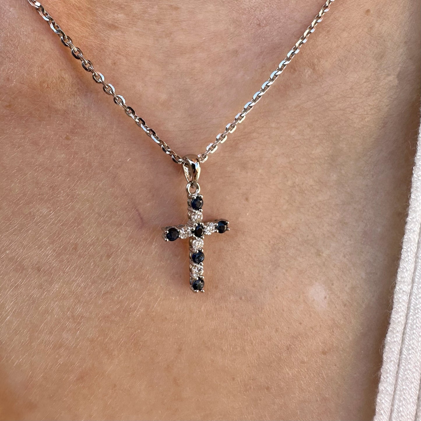 14K Solid Gold Genuine Sapphire and Diamond Cross Pendant