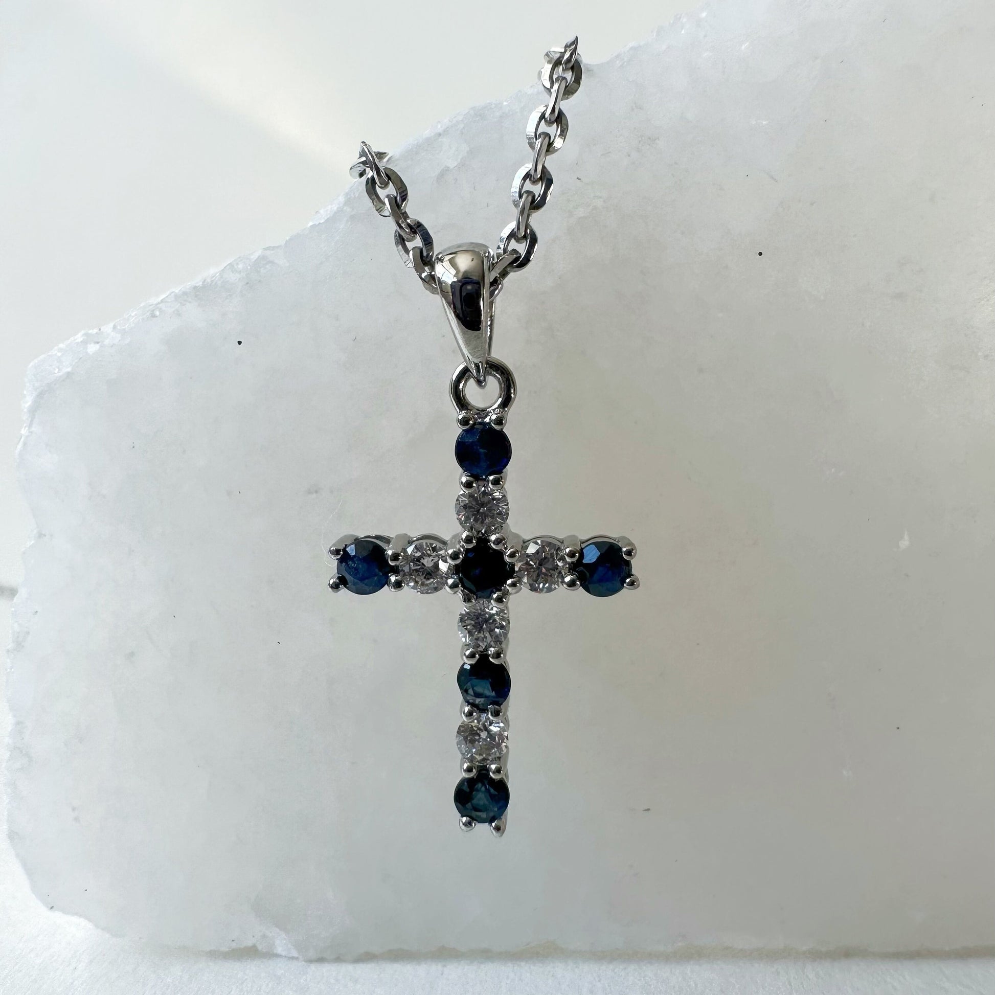 14K Solid Gold Genuine Sapphire and Diamond Cross Pendant