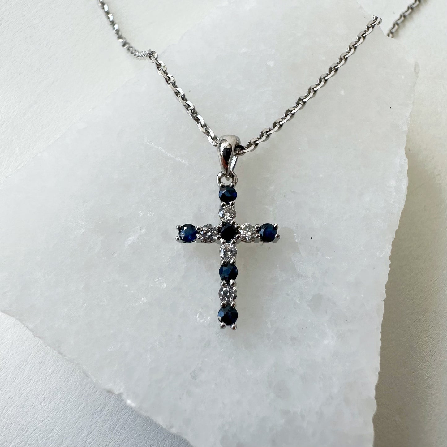 14K Solid Gold Genuine Sapphire and Diamond Cross Pendant