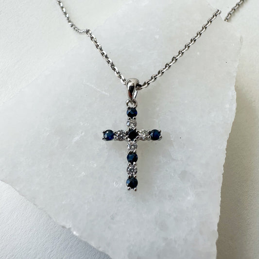 14K Solid Gold Genuine Sapphire and Diamond Cross Pendant