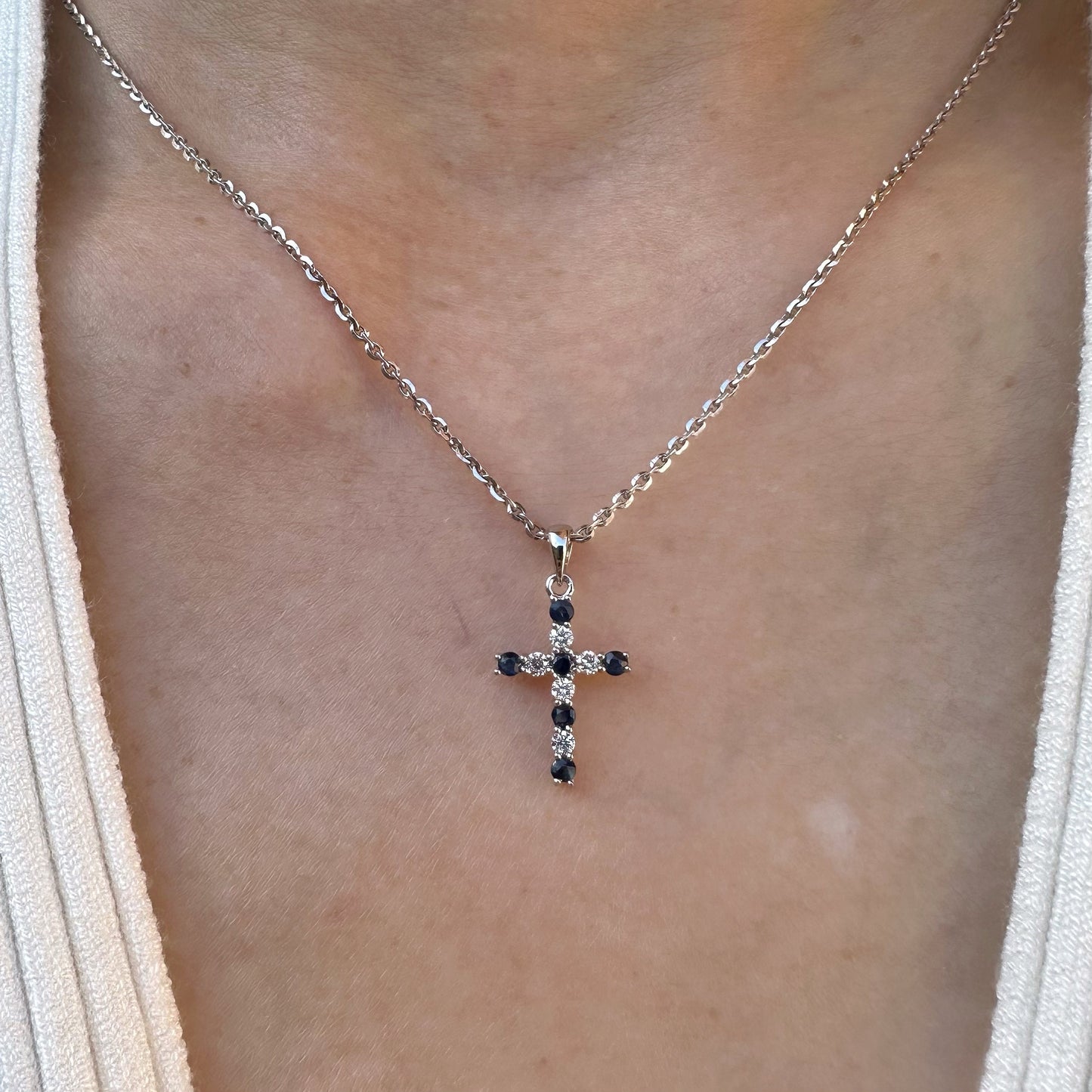 14K Solid Gold Genuine Sapphire and Diamond Cross Pendant