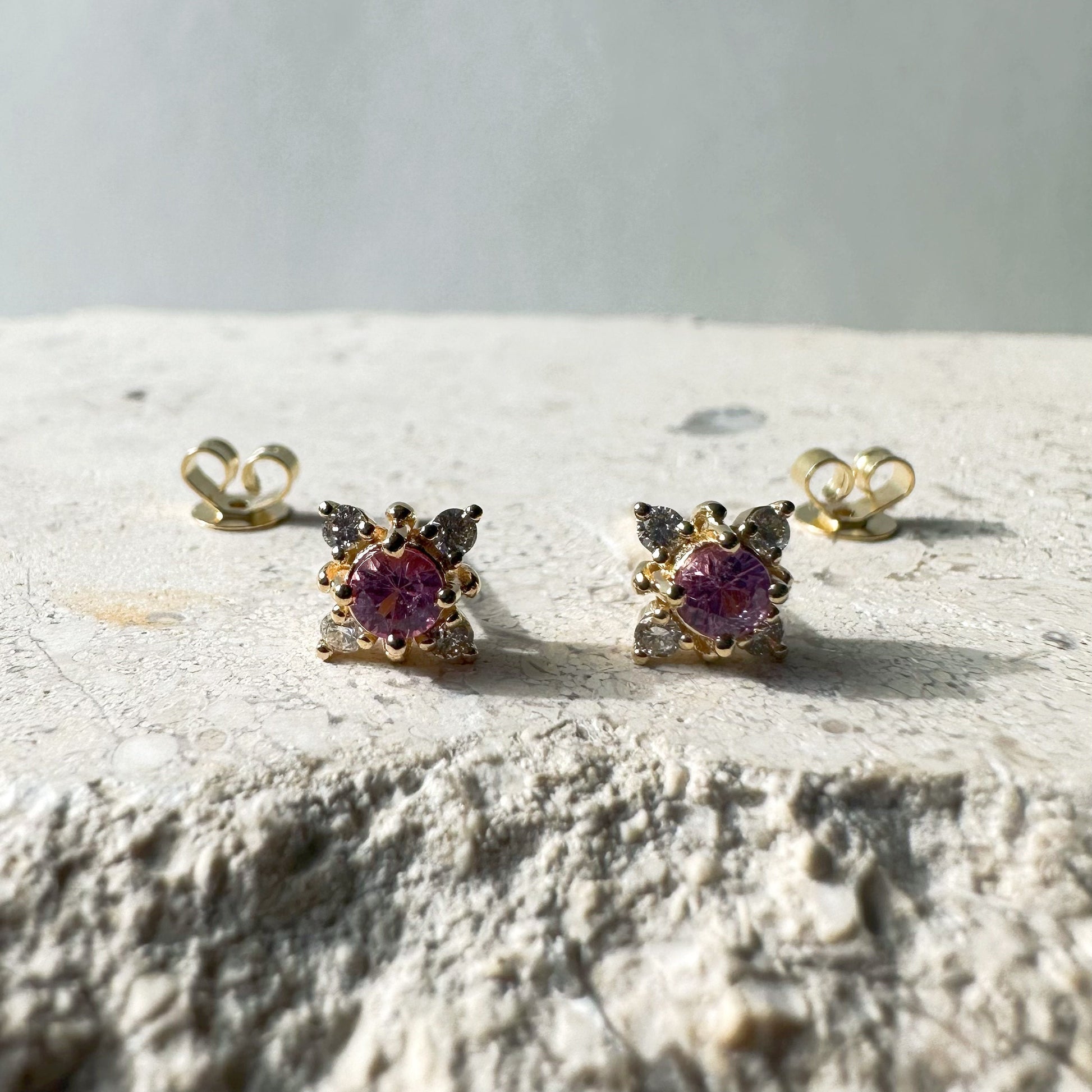 14K Solid Gold Pink Sapphire and Diamond Star Studs/Pair