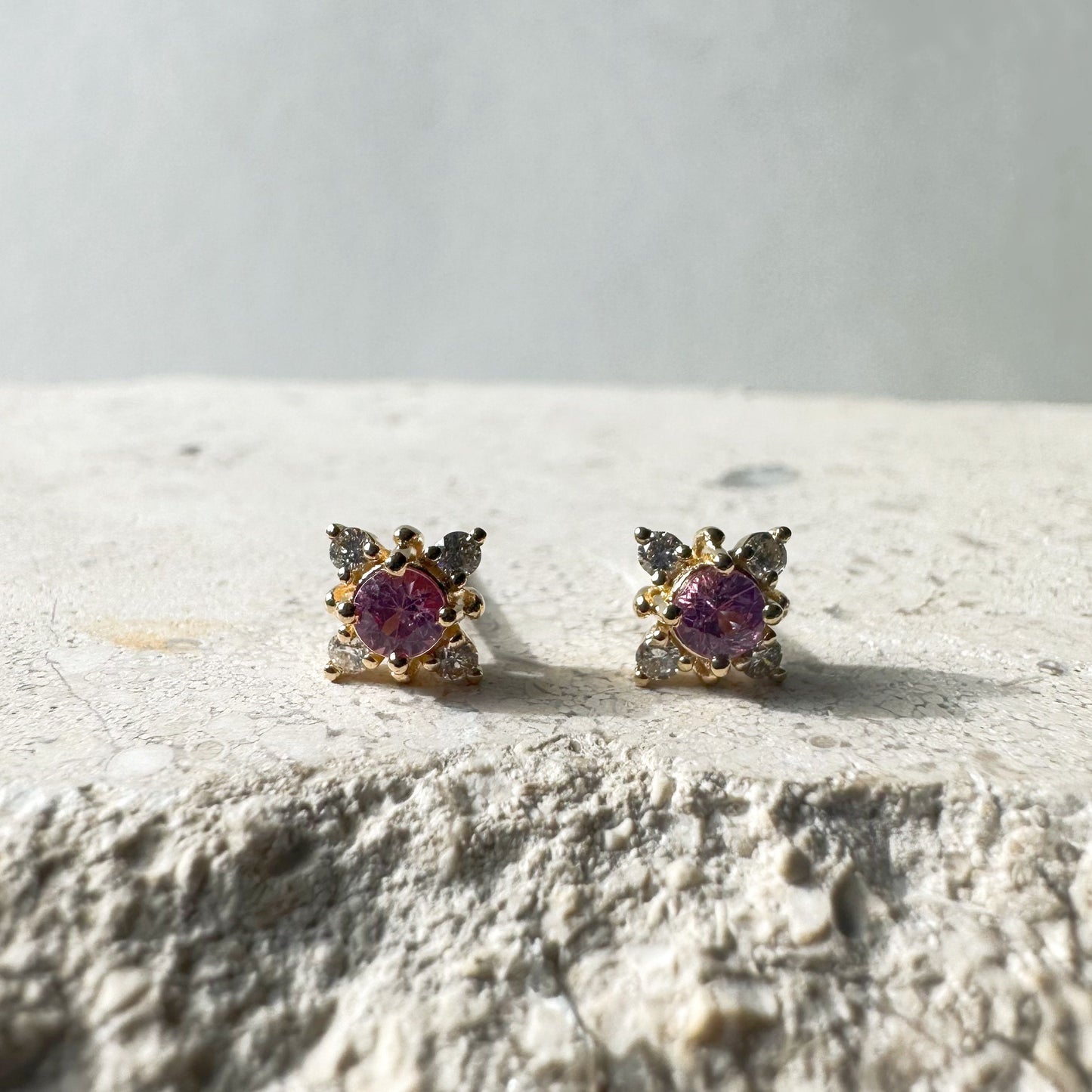 14K Solid Gold Pink Sapphire and Diamond Star Studs/Pair