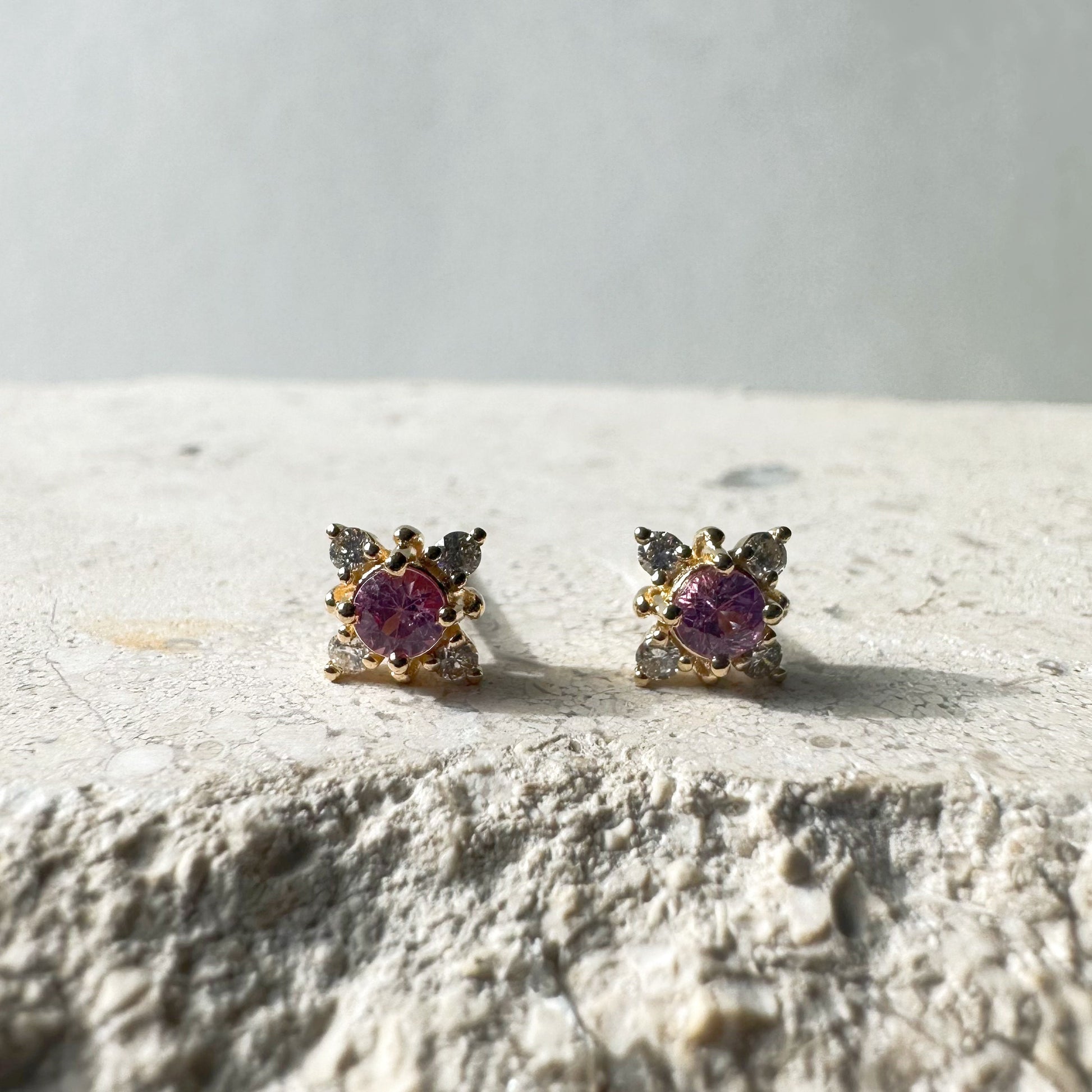 14K Solid Gold Pink Sapphire and Diamond Star Studs/Pair