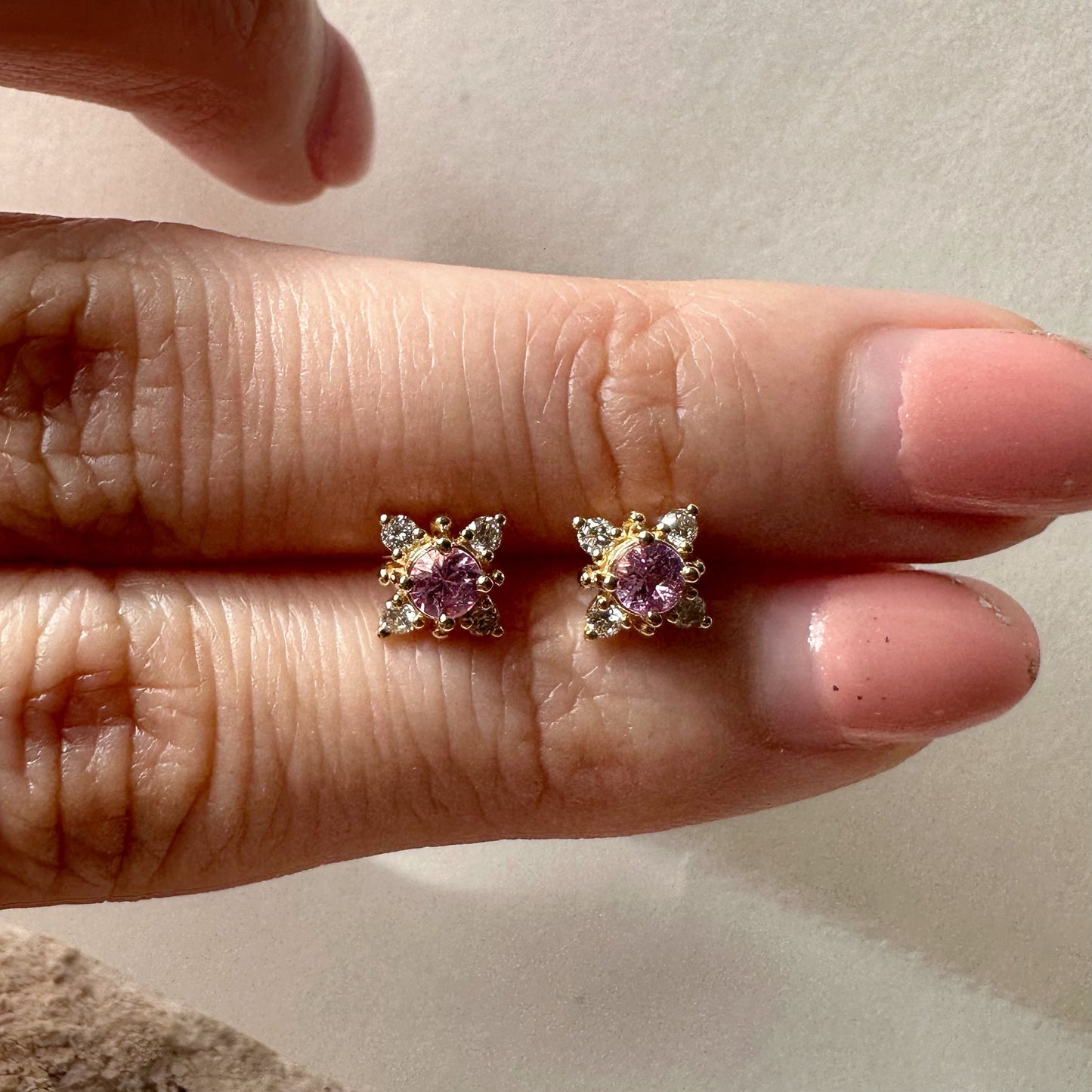 14K Solid Gold Pink Sapphire and Diamond Star Studs/Pair
