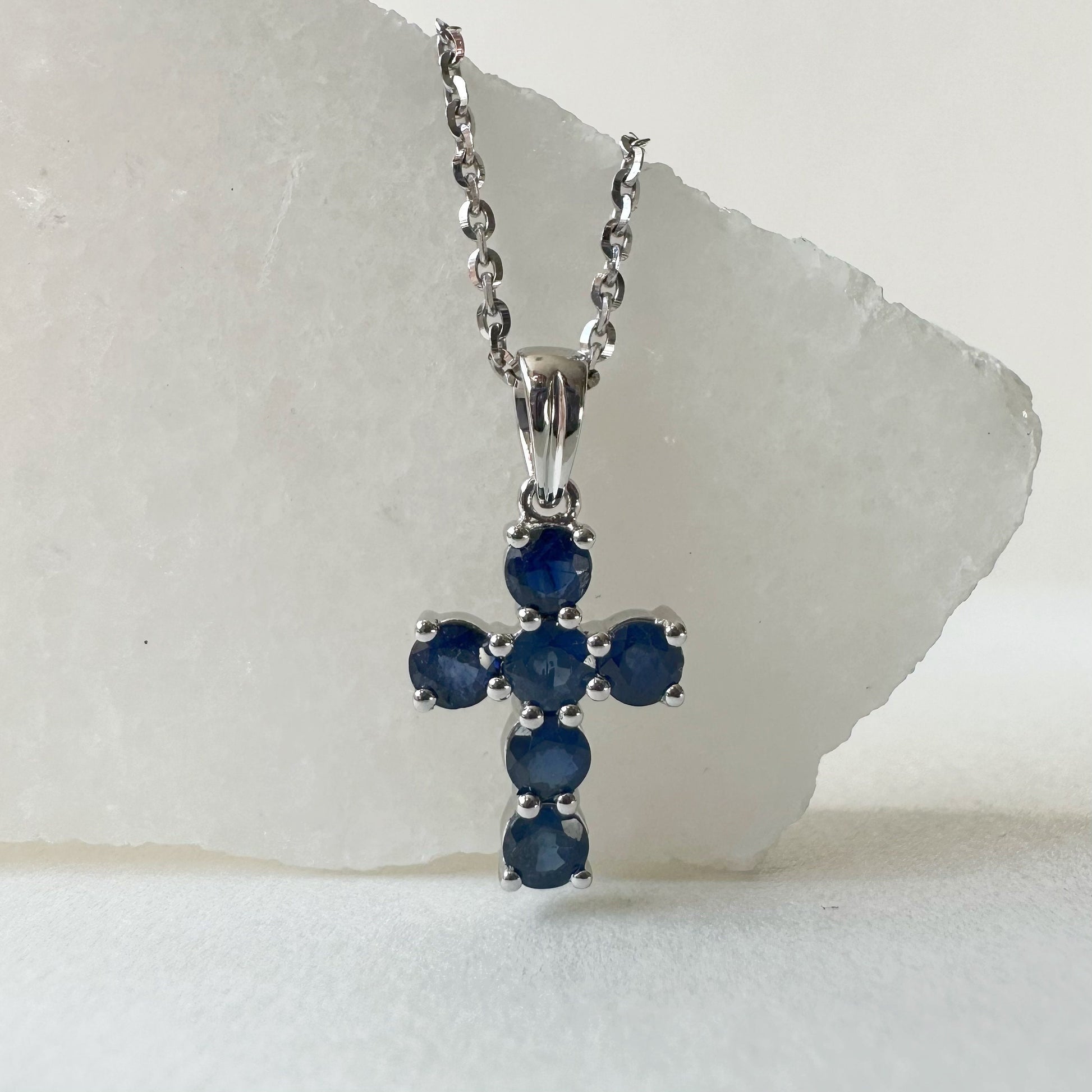 14K Solid Gold Genuine Sapphire Cross Pendant