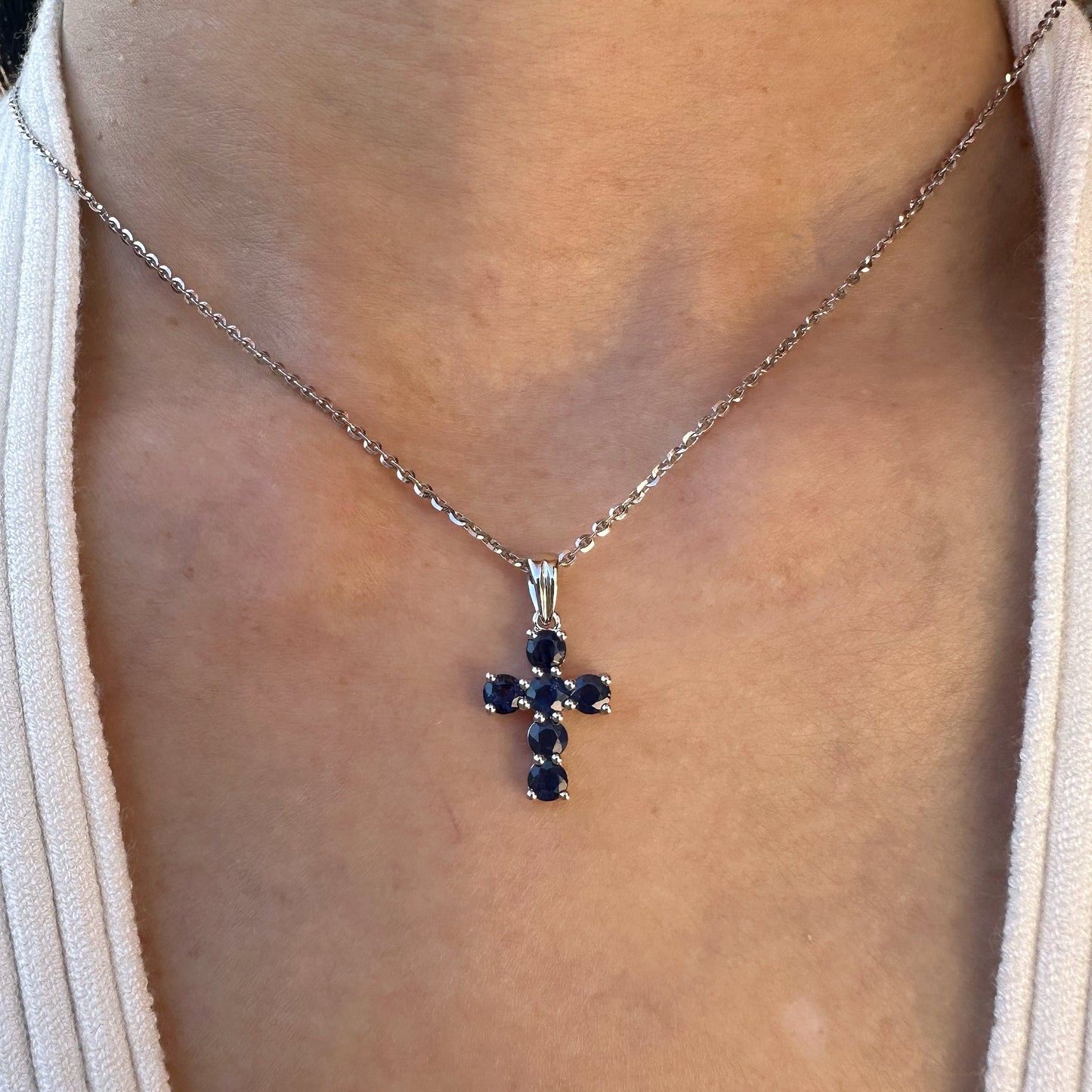 14K Solid Gold Genuine Sapphire Cross Pendant