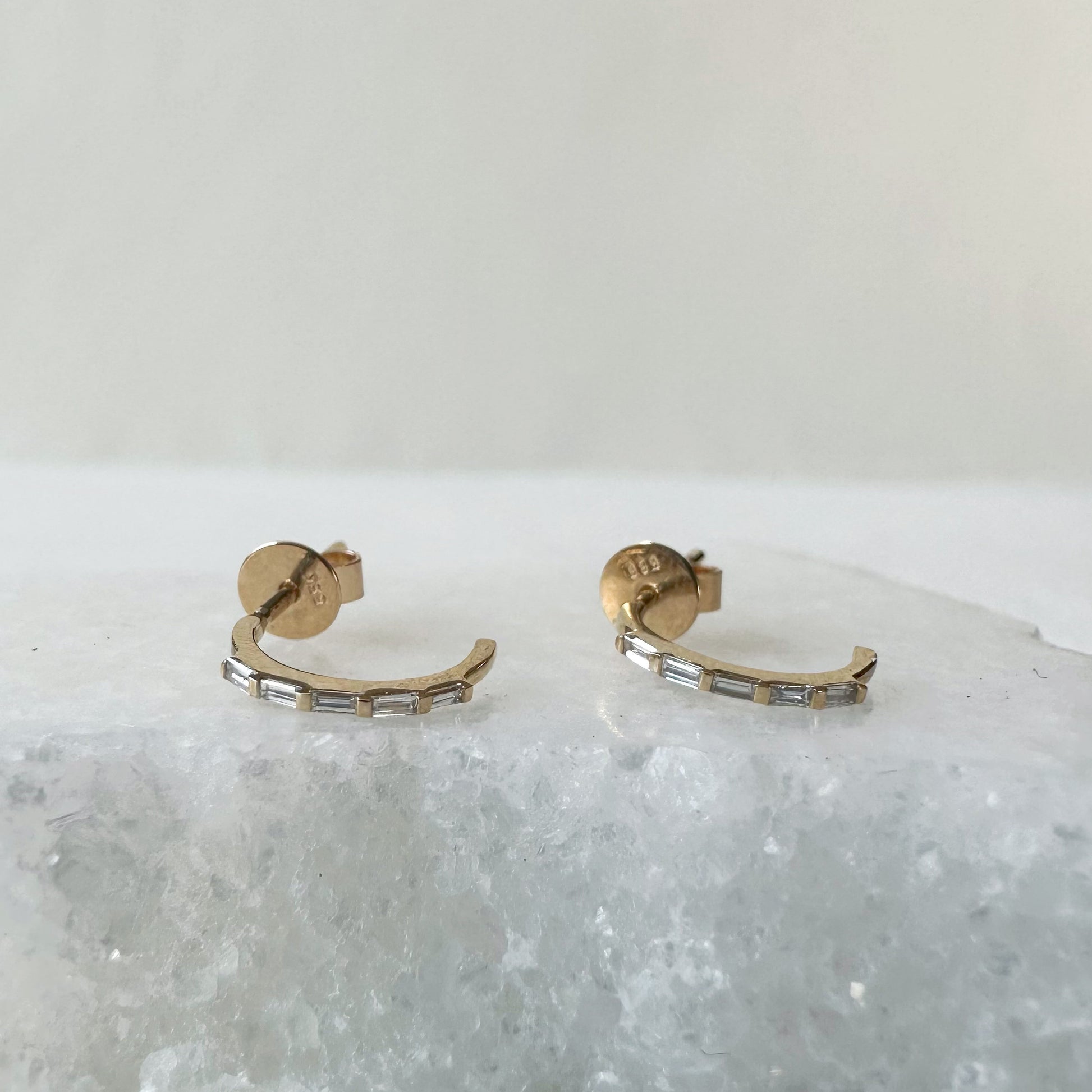 14K Solid Gold Genuine Diamond Baguette Half Hoop Earrings/Pair