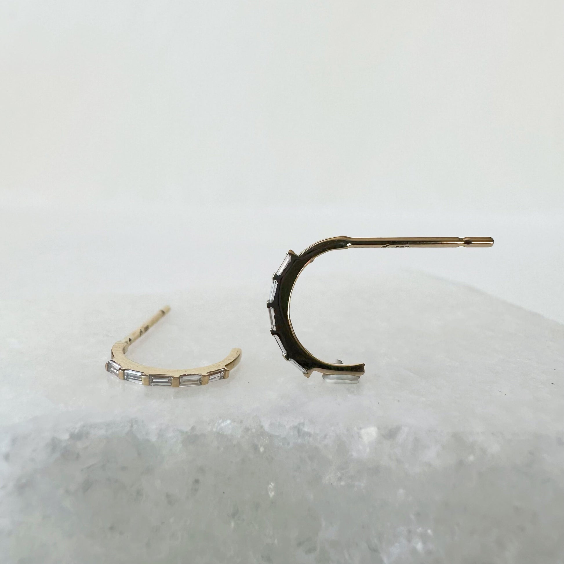 14K Solid Gold Genuine Diamond Baguette Half Hoop Earrings/Pair