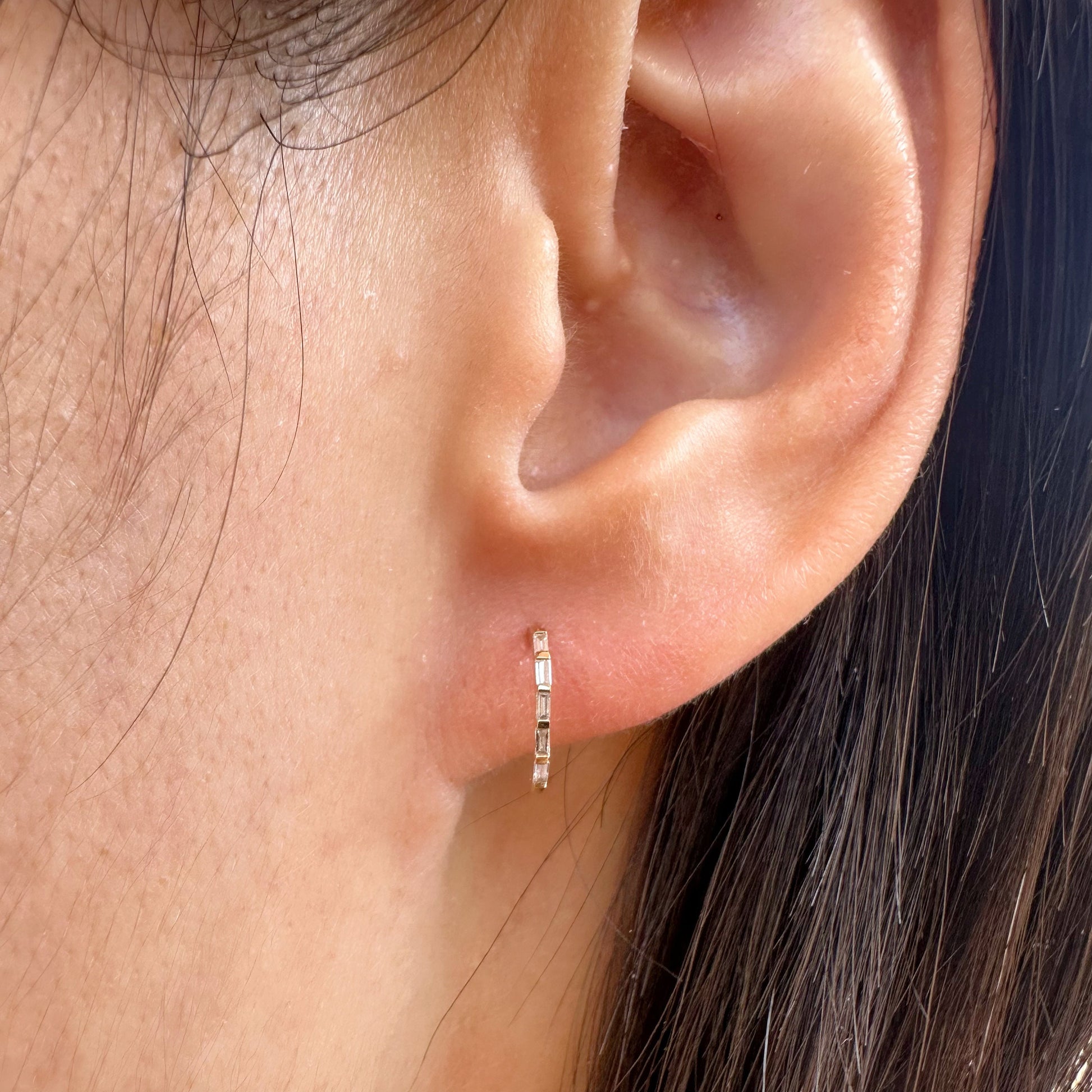 14K Solid Gold Genuine Diamond Baguette Half Hoop Earrings/Pair