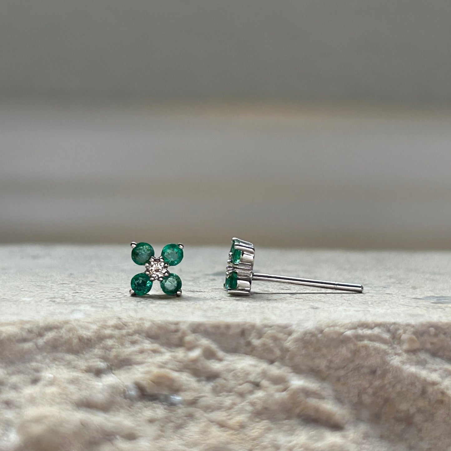 14K Solid Gold Emerald Flower Studs