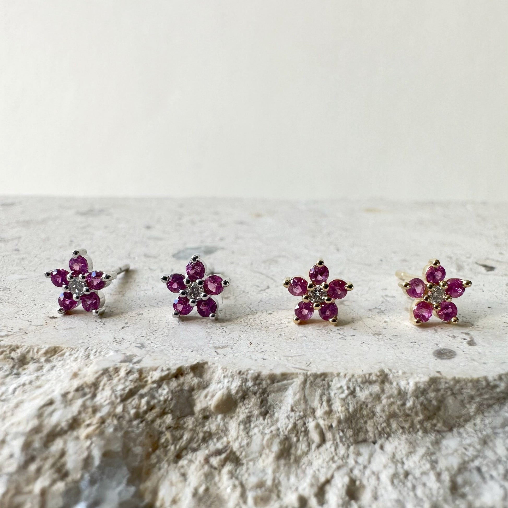 14K Solid Gold Genuine Pink Sapphire and Diamond Flower Studs