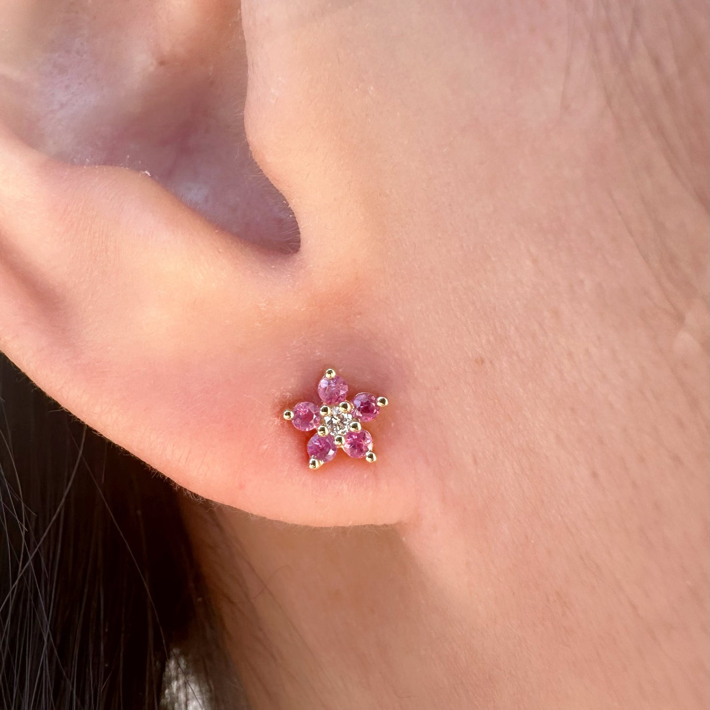 14K Solid Gold Genuine Pink Sapphire and Diamond Flower Studs