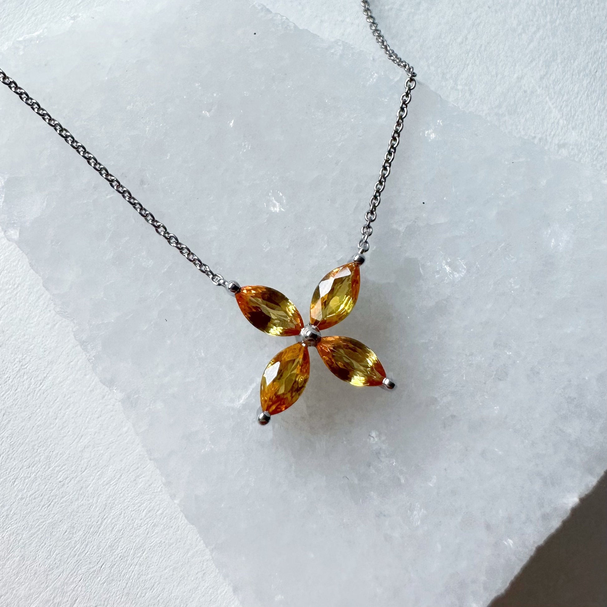 14K Solid Gold Genuine Color Sapphire Flower Necklace/Pink Sapphire/Yellow Sapphire/Green Sapphire