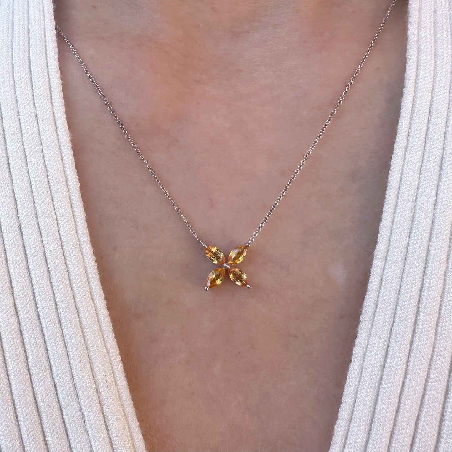 14K Solid Gold Genuine Color Sapphire Flower Necklace/Pink Sapphire/Yellow Sapphire/Green Sapphire