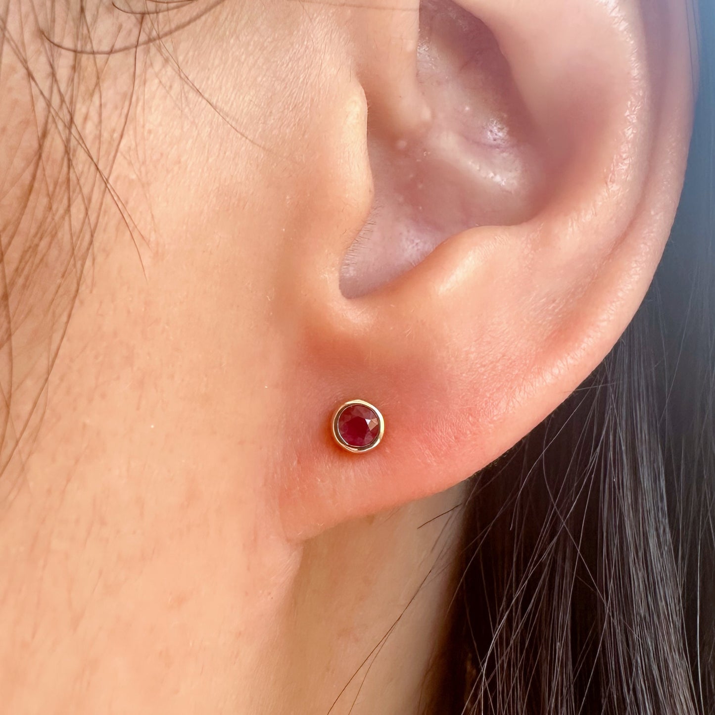 14K Solid Gold Genuine Ruby Bezel Studs/Pair