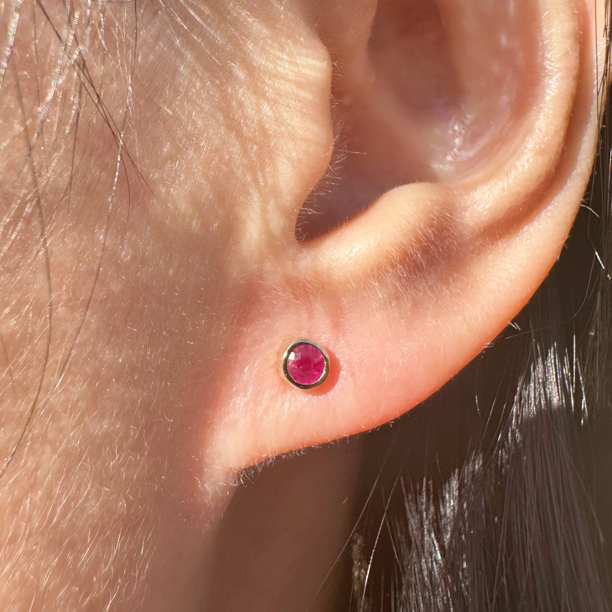14K Solid Gold Genuine Ruby Bezel Studs/Pair