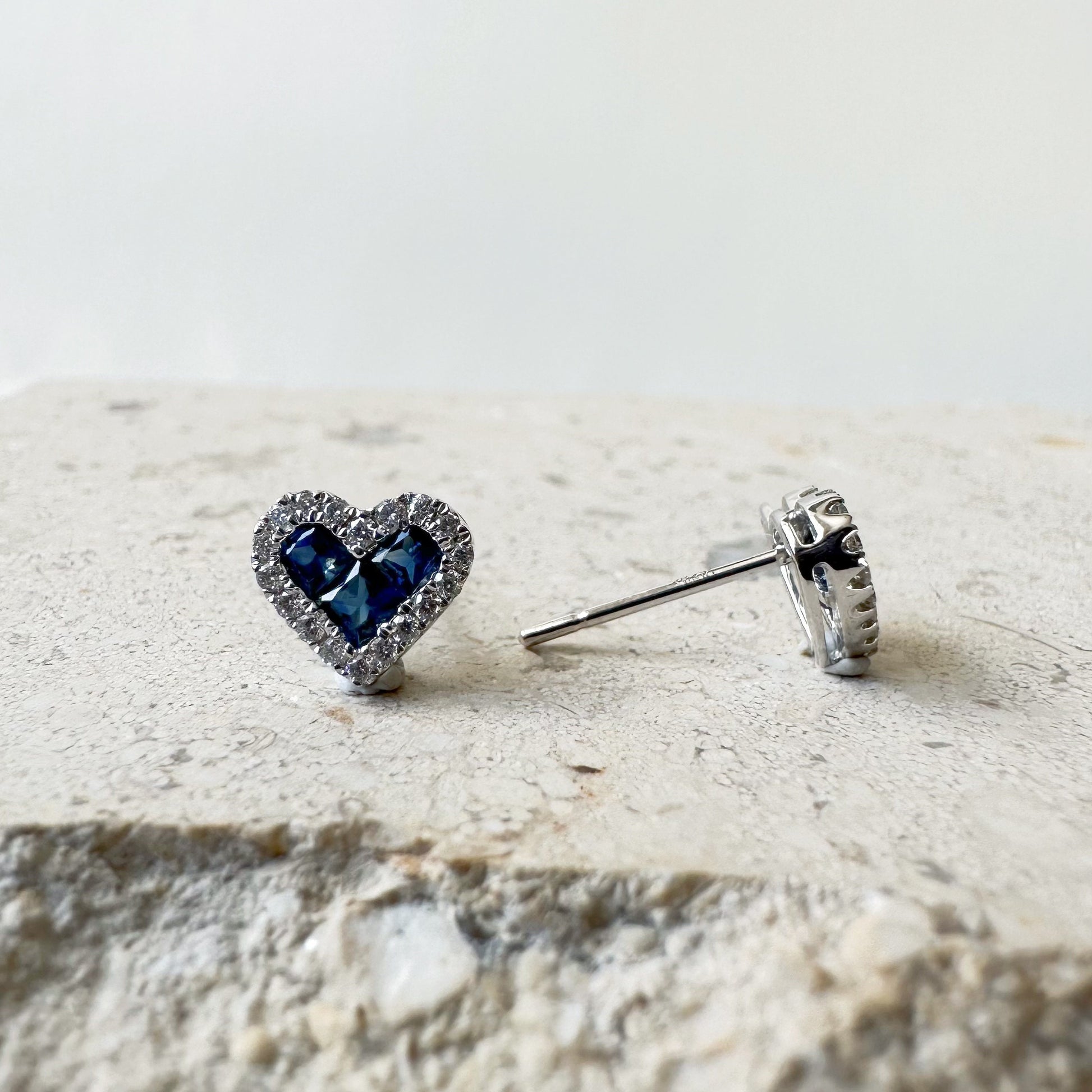14K Solid Gold Genuine Sapphire and Diamond Heart Studs/Pair