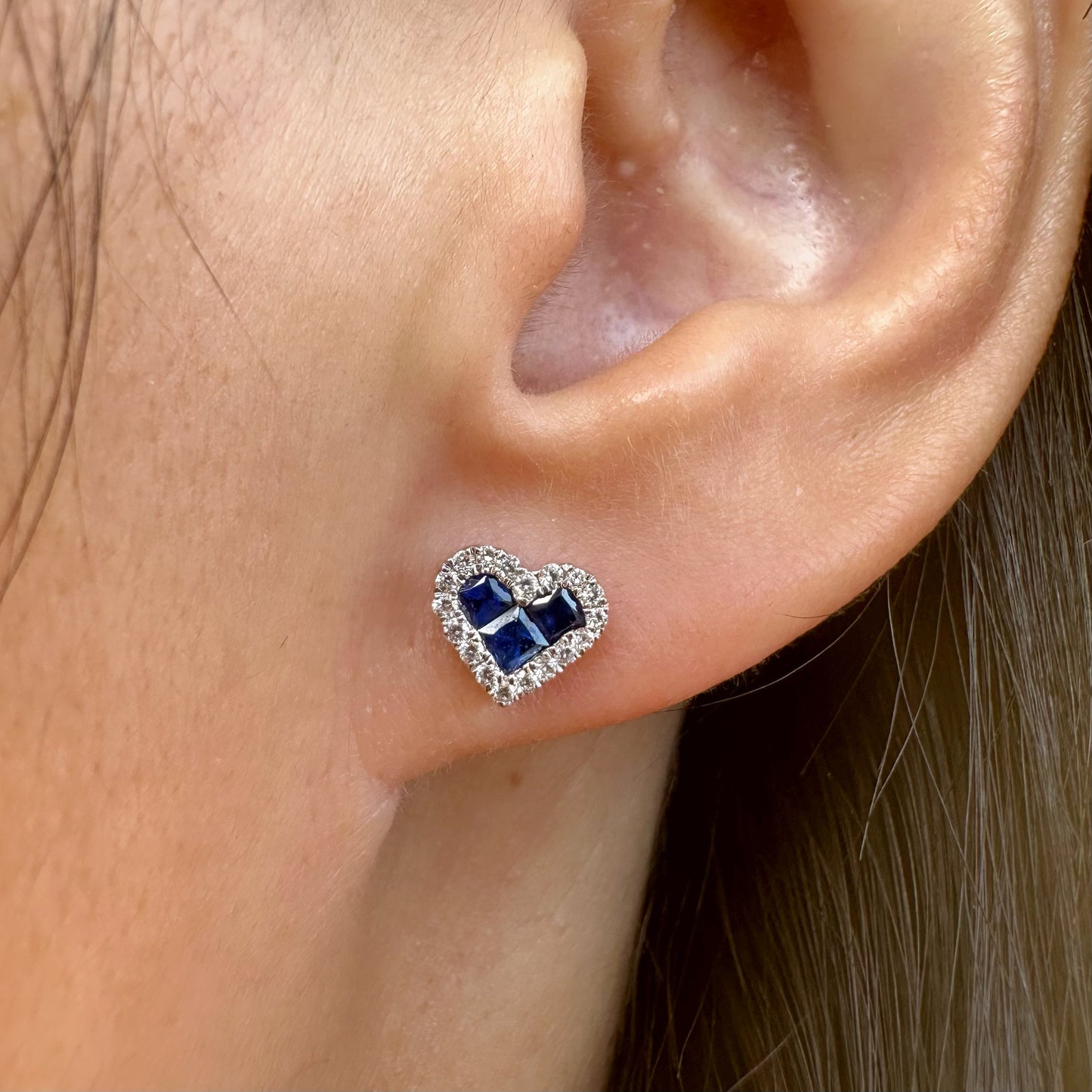 14K Solid Gold Genuine Sapphire and Diamond Heart Studs/Pair