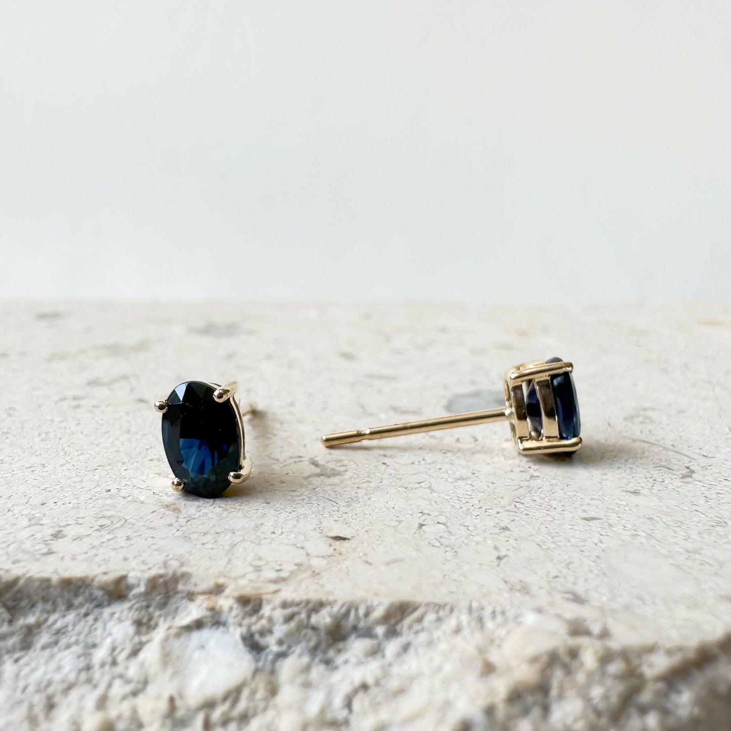 14K Solid Gold Genuine Oval Sapphire Studs/Pair