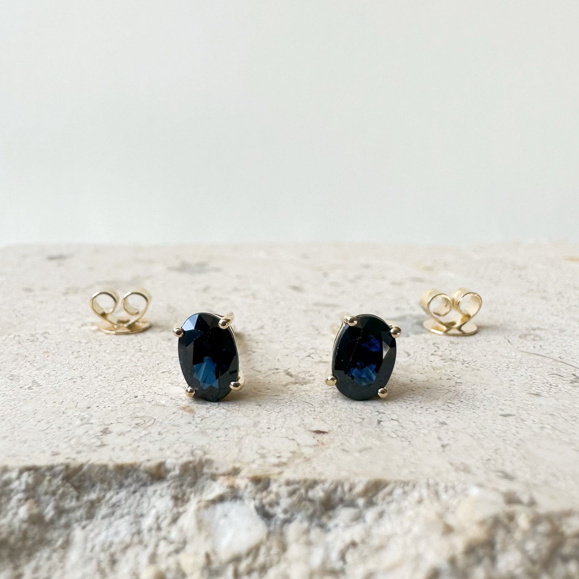 14K Solid Gold Genuine Oval Sapphire Studs/Pair