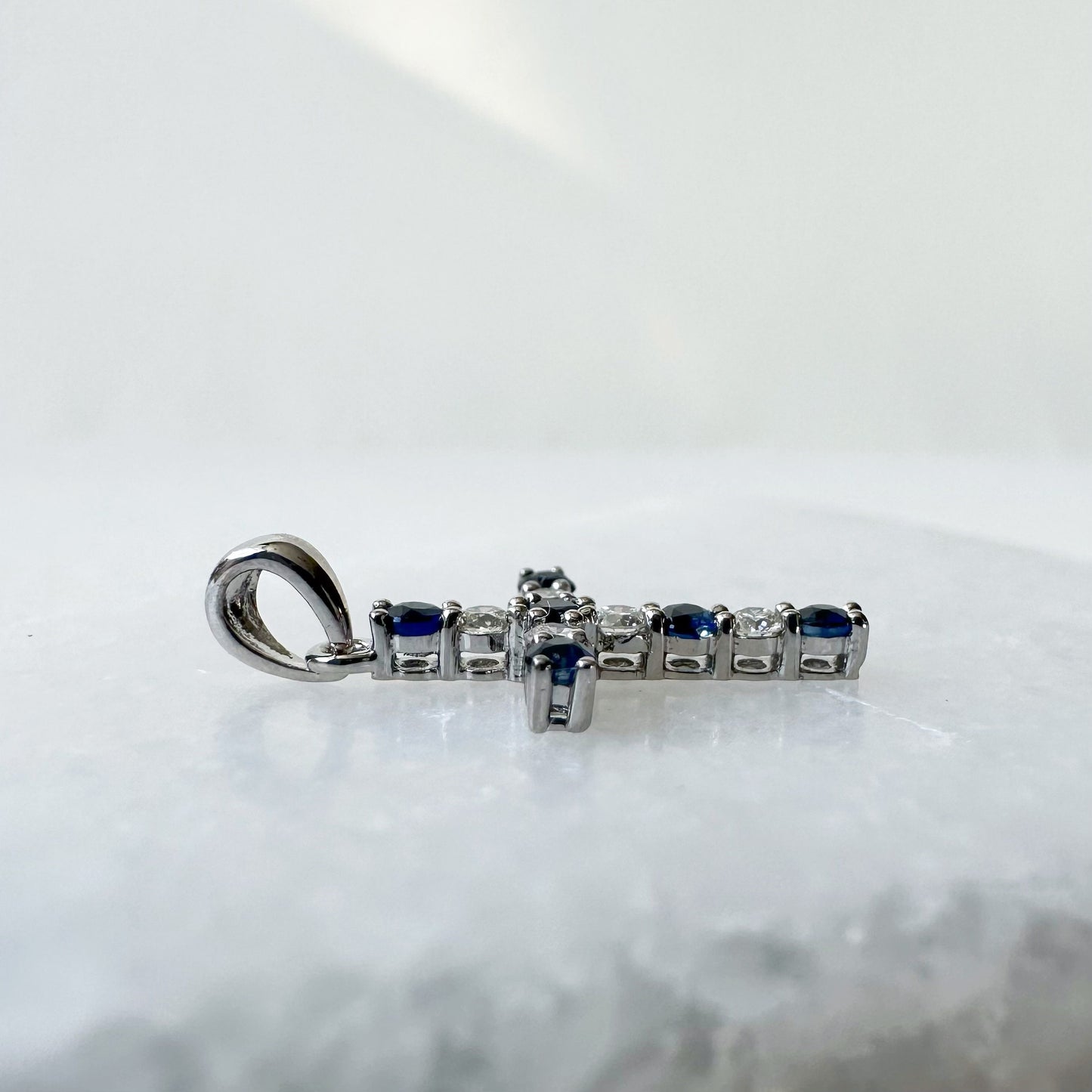 14K Solid Gold Genuine Sapphire and Diamond Cross Pendant