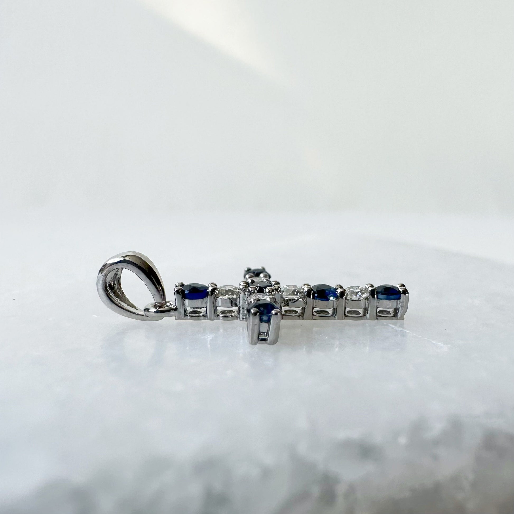 14K Solid Gold Genuine Sapphire and Diamond Cross Pendant