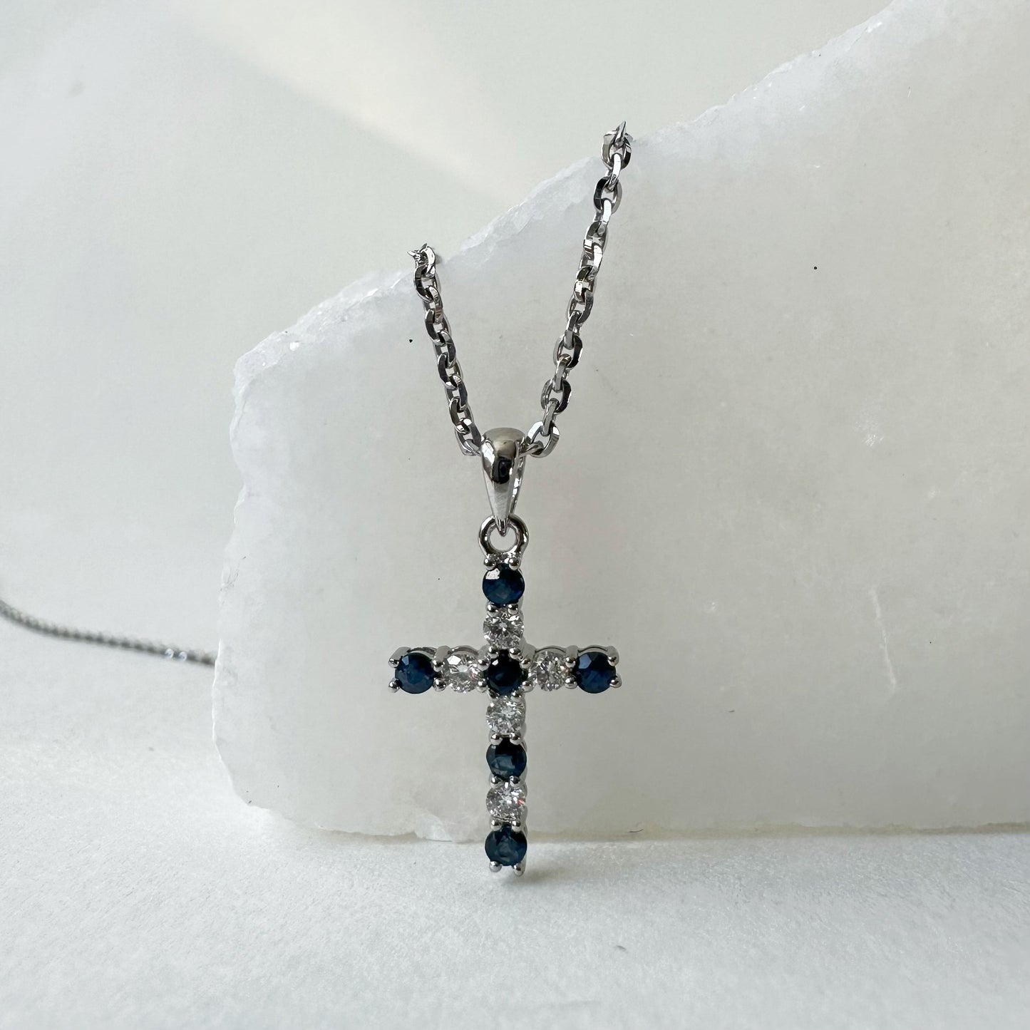 14K Solid Gold Genuine Sapphire and Diamond Cross Pendant